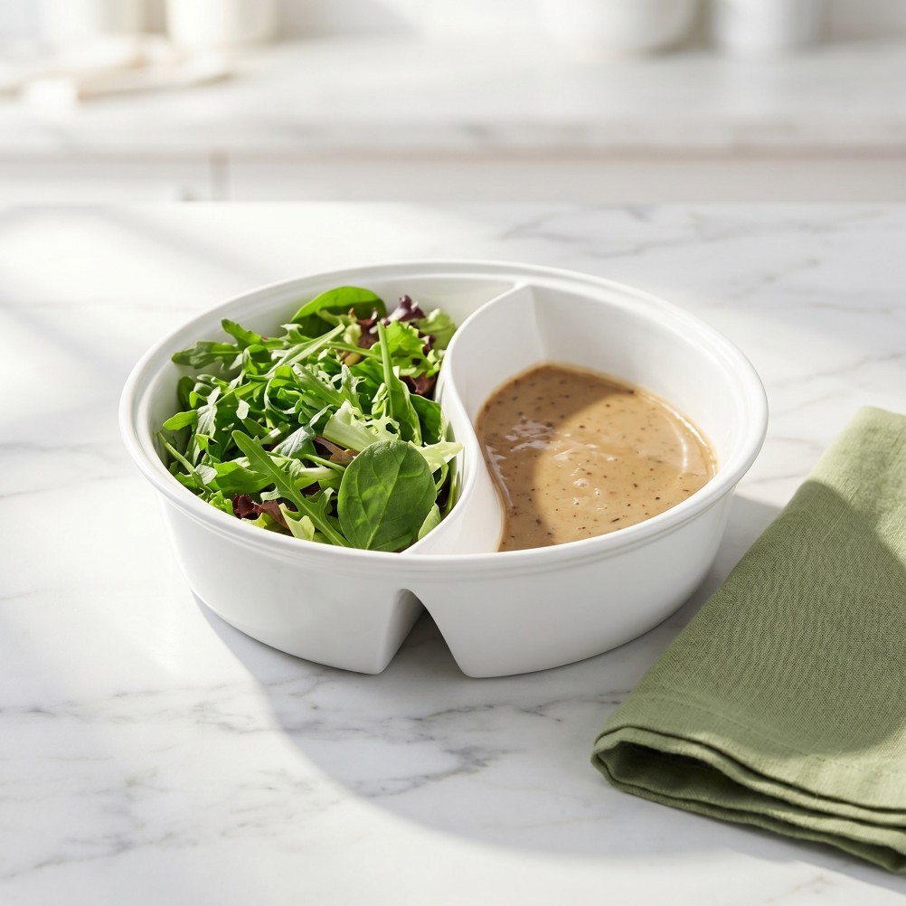 Ceramic Portion Control Dinner Bowl Microwave Safe with Dry Wet Separation White