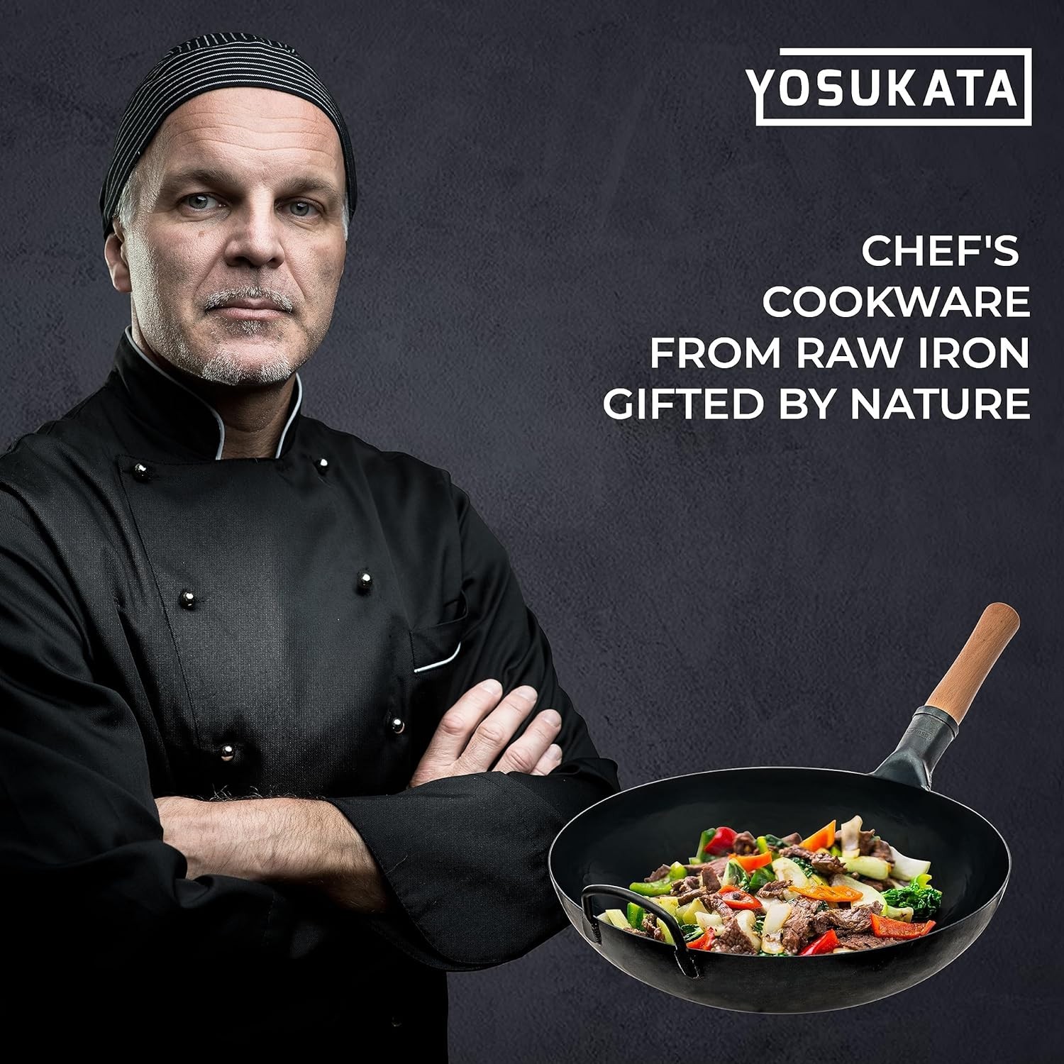 YOSUKATA 13.5 in Blue Carbon Steel Wok Pan, Pre-Seasoned Flat Bottom, Ergonomic