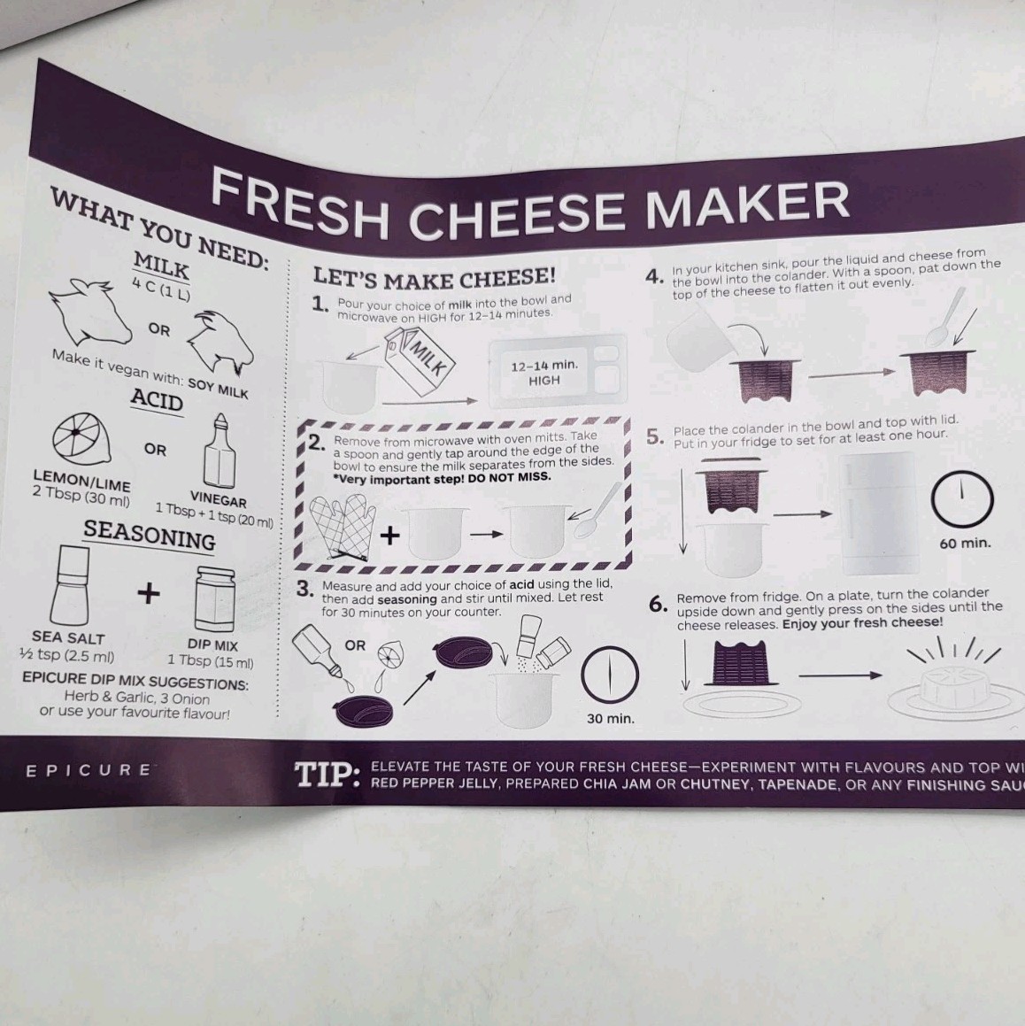 EPICURE Microwave Oven Fresh Cheese Maker Homemade Cheese Kitchen Tool – New