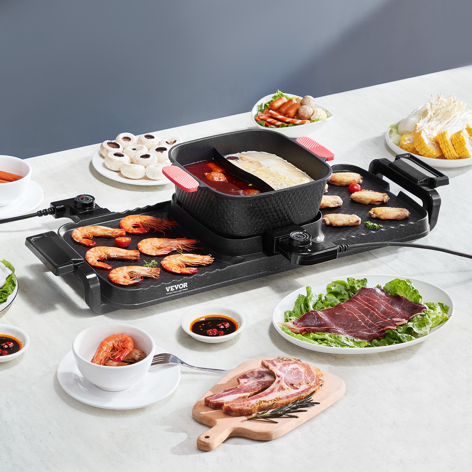 VEVOR Hot Pot with Grill 2300W 2-in-1 Electric Smokeless BBQ Pan with Removable