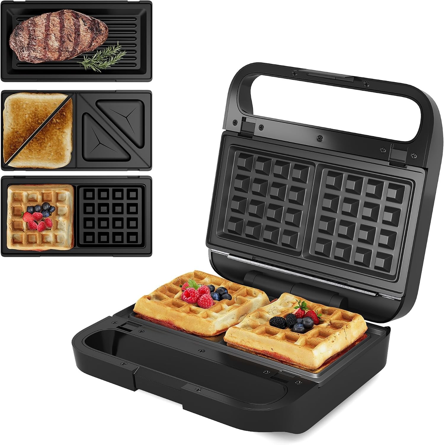 3 in 1 Sandwich Maker Electric Waffle Maker W/ Removable Non-stick Plates 800W
