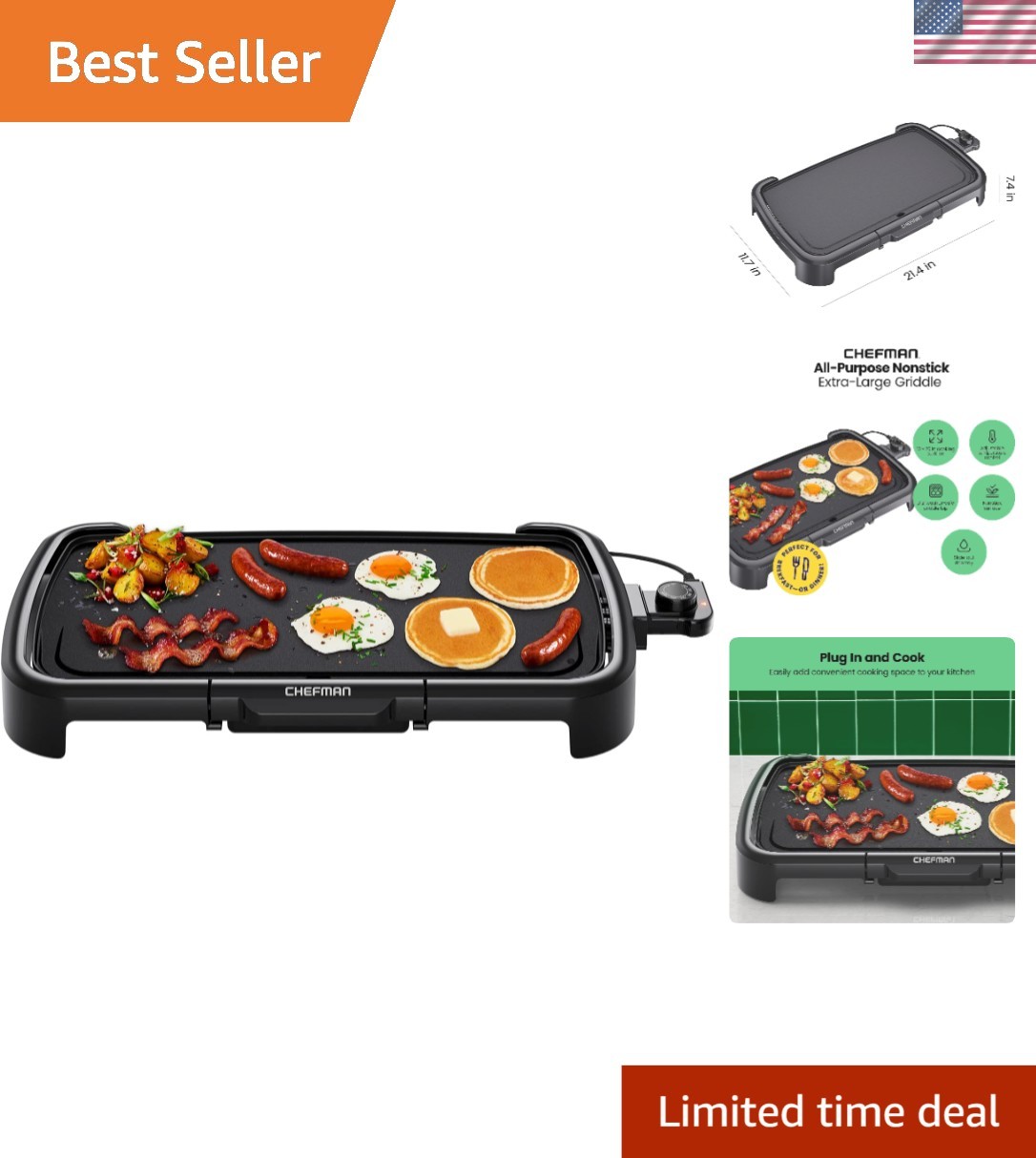 Versatile 10×20 Inch Nonstick Electric Griddle with Safety Features & Easy Clean