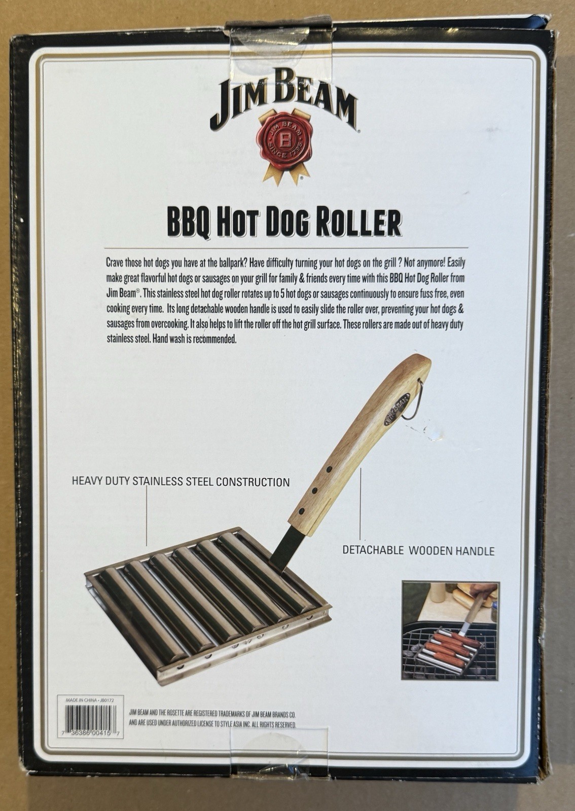 Jim Beam BBQ Hot Dog Roller * Heavy Duty Stainless Steel w/ Wood Handle * NEW