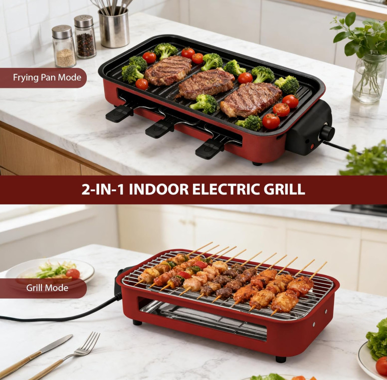 Parrilla eléctrica 2 en 1 1700W, placa antiadherente, temp ajustable roja, Nuevo