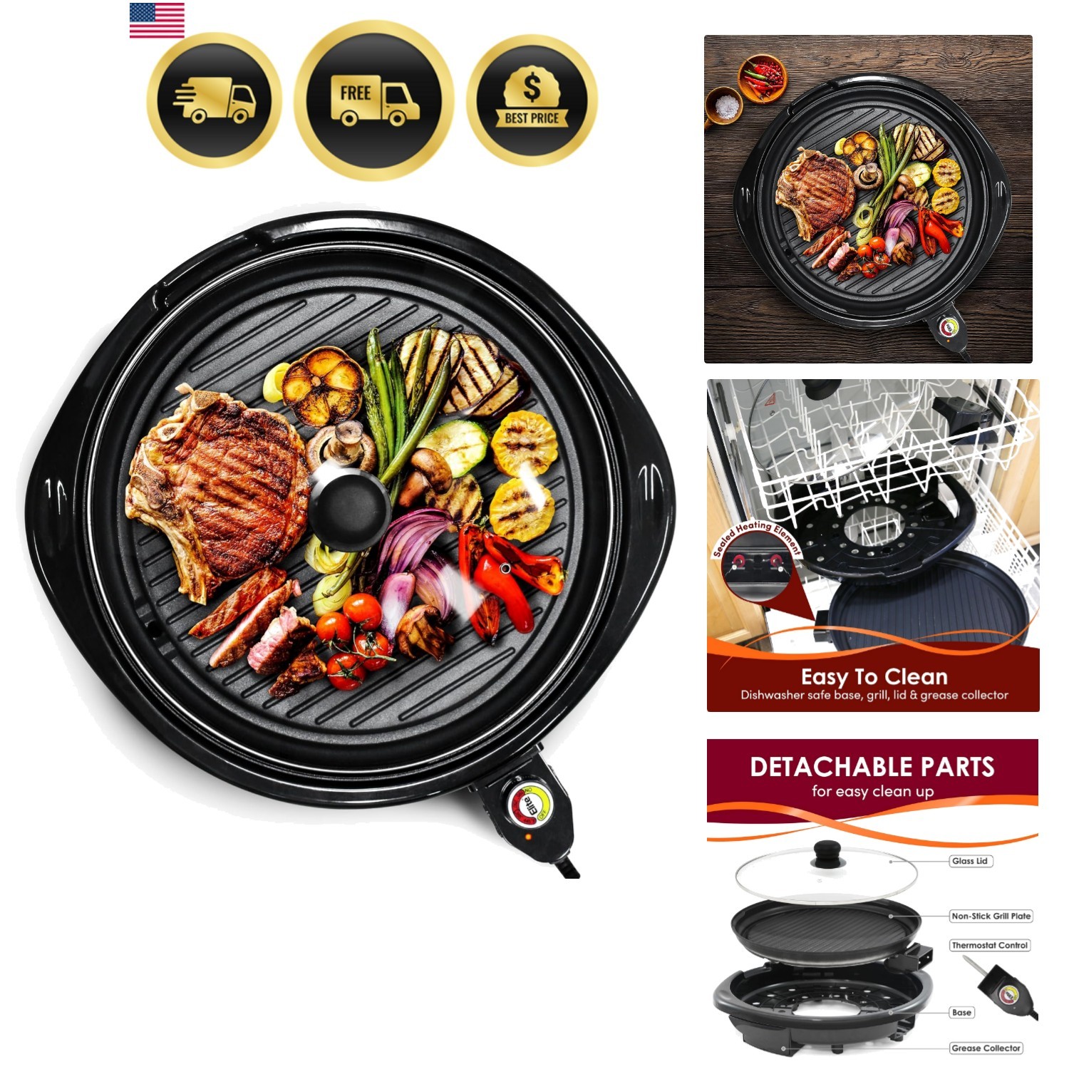 Large Indoor Electric Round Nonstick Grill Cool Touch Fast Heat Up Ideal Low-…