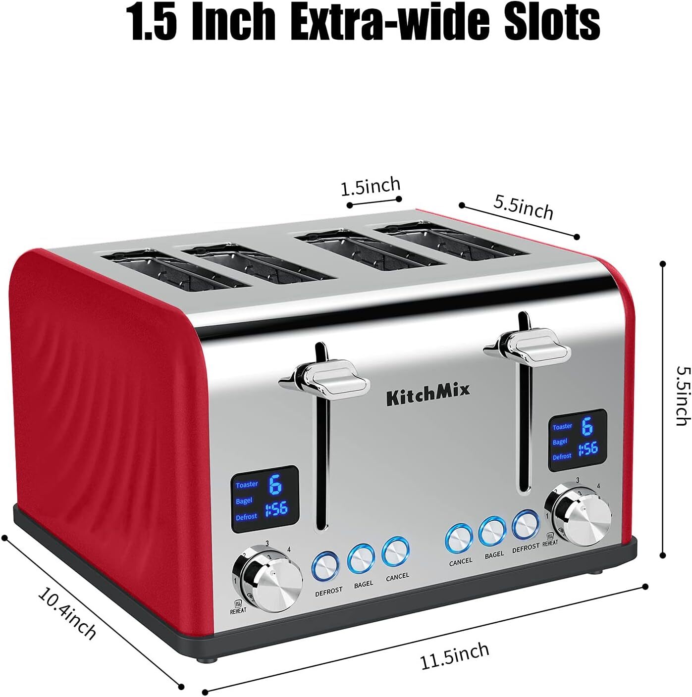 Toaster 4 Slice, KitchMix Bagel Stainless with LCD Timer, Extra Red