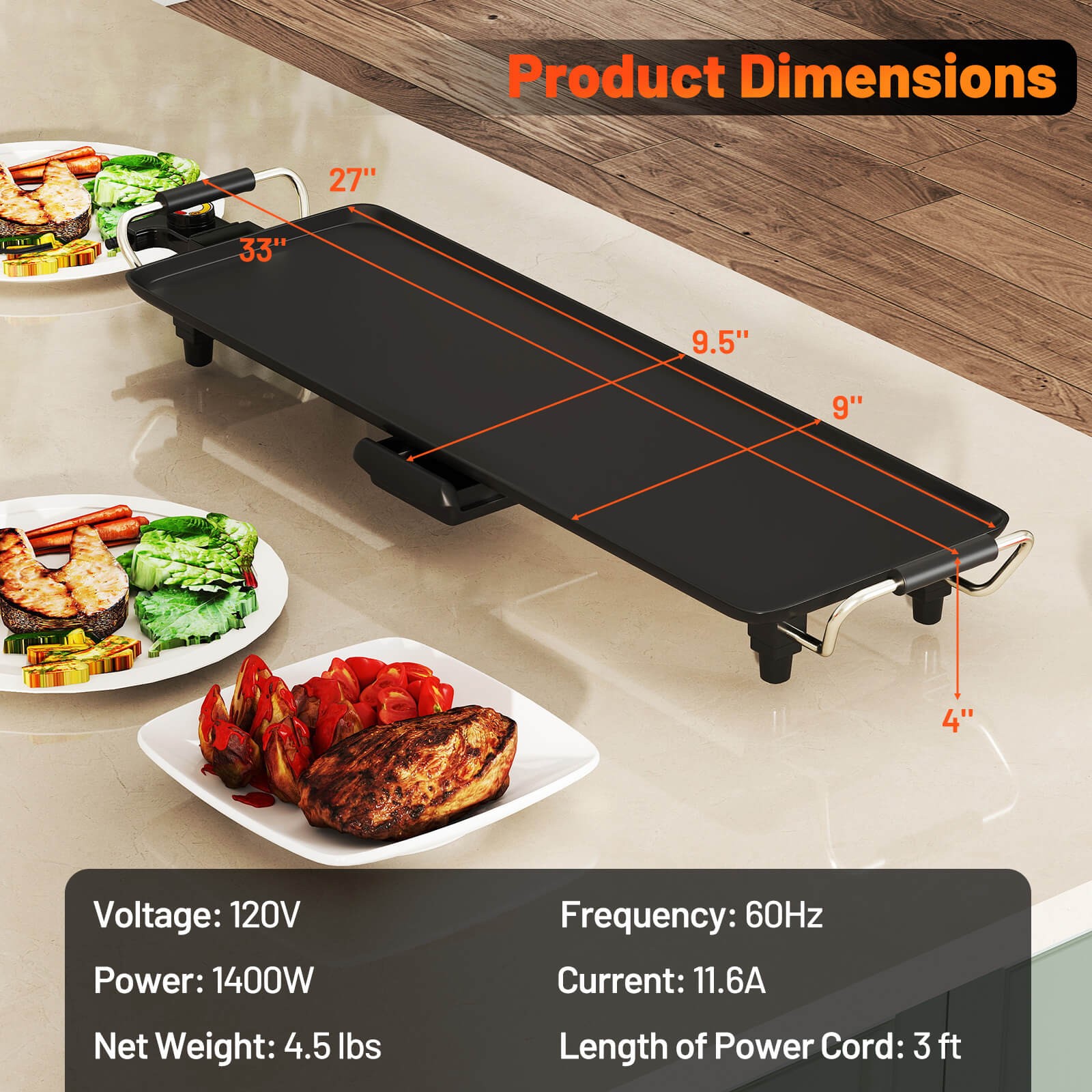 27″ Large Electric Griddle with Adjustable Temperature Thermostats and Drip Tray