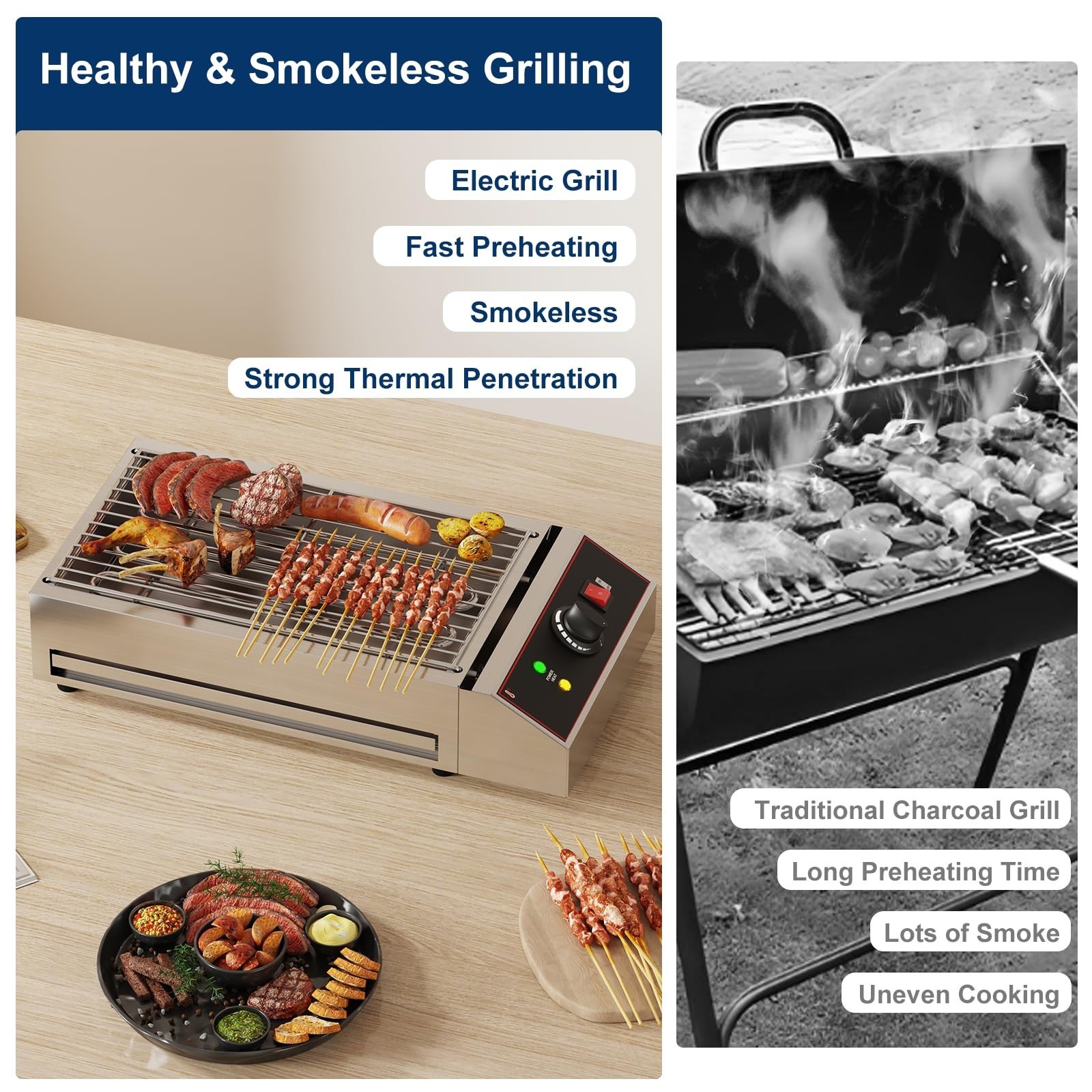 1800W Countertop Electric Grill, Smokeless Indoor Grill with Removable Griddle