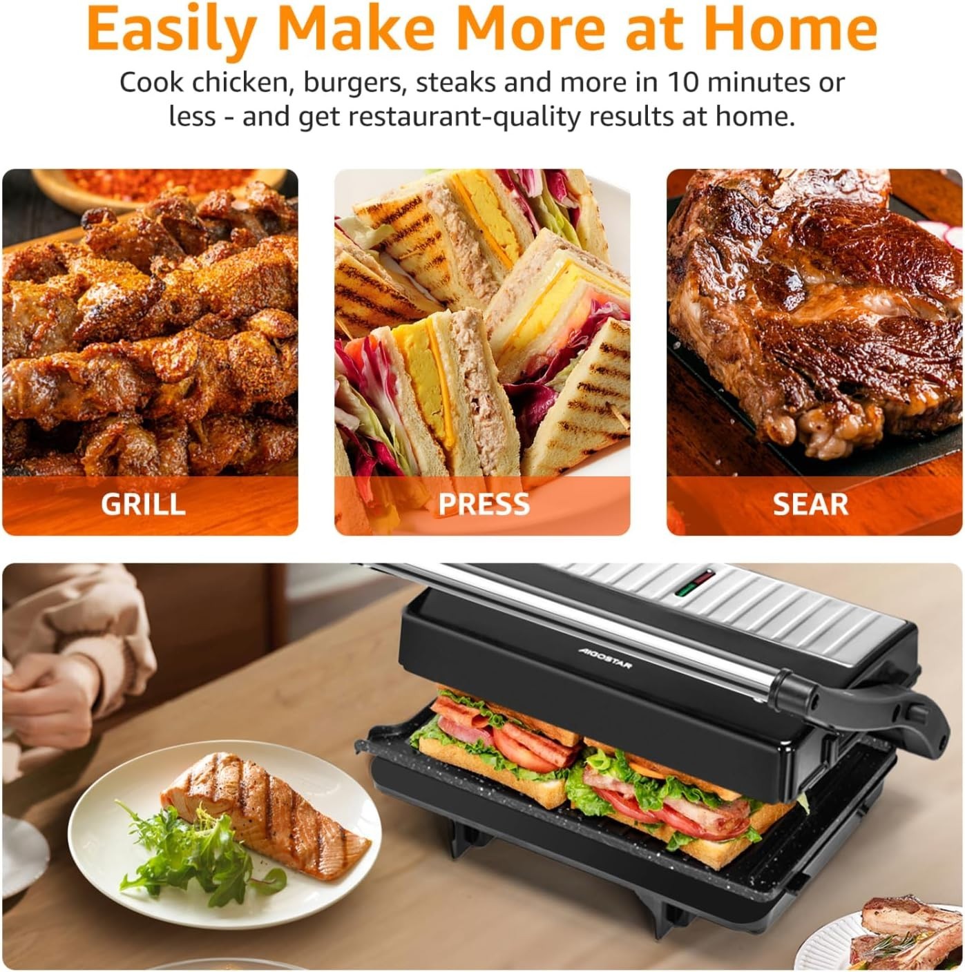 Compact & Stylish 1000W Panini Grill with Locking Lid – Perfect for Small Spaces