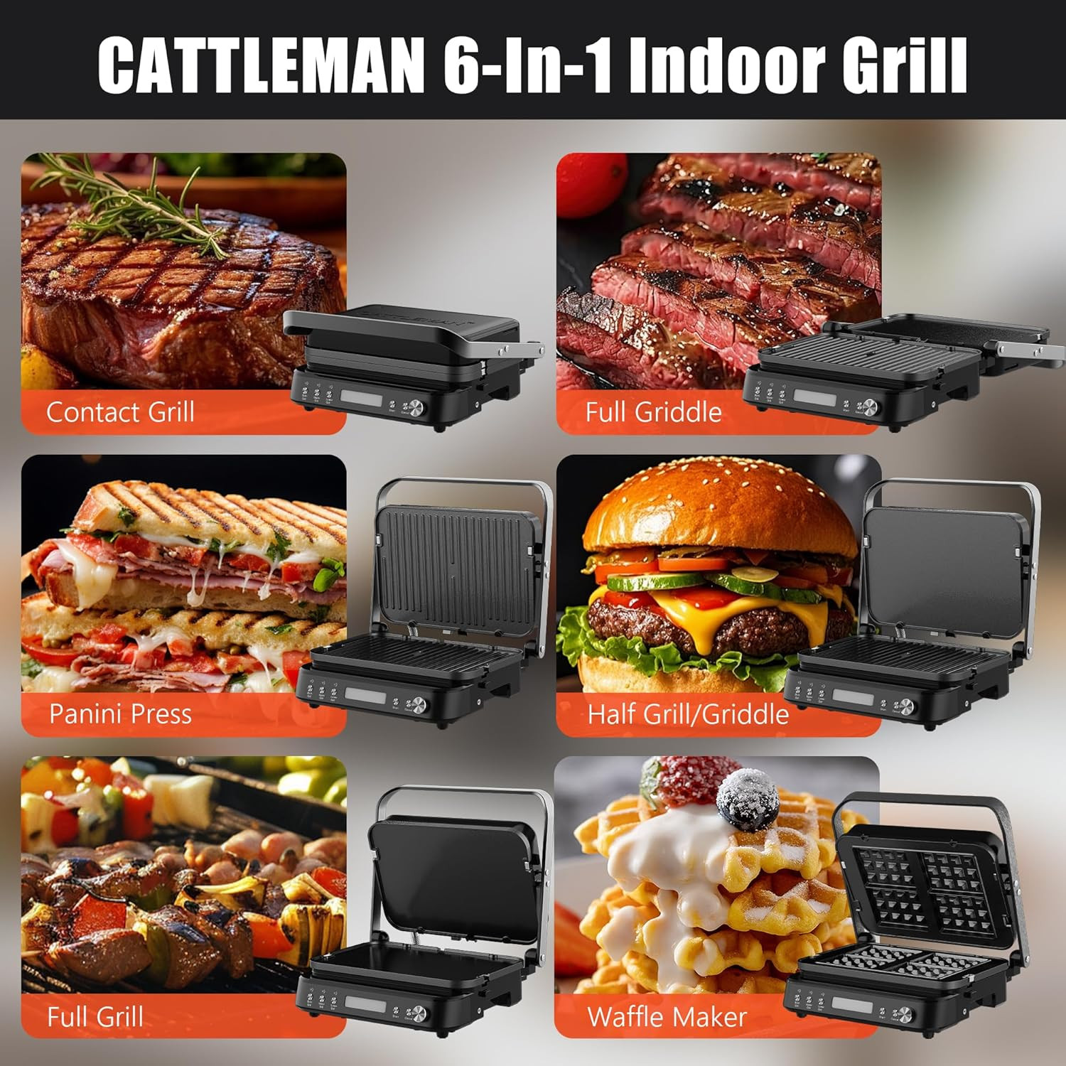 CATTLEMAN 6-in-1 Panini Grill & Waffle Maker with Removable Nonstick Plates