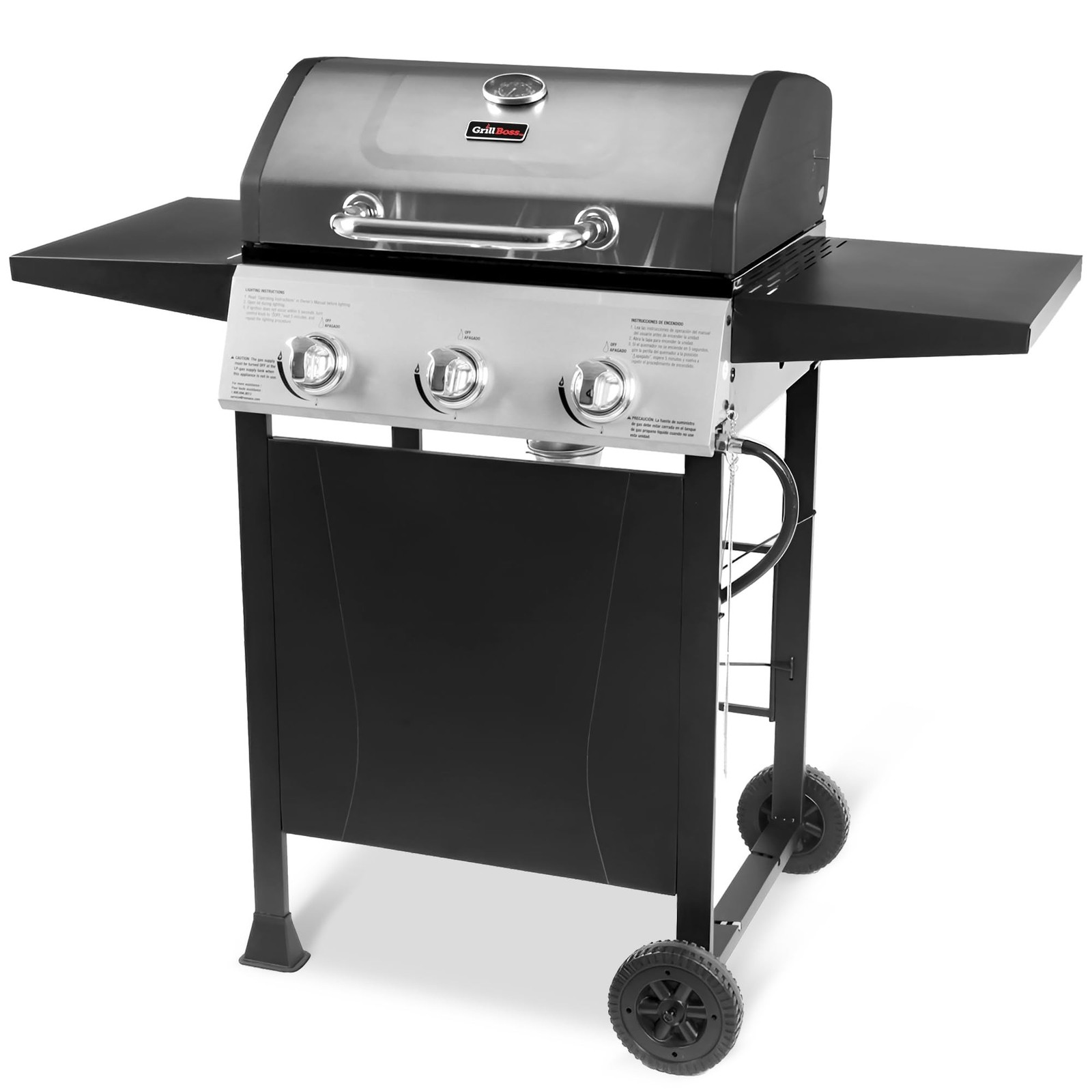 Grill Boss 3 Burner Propane Gas Grill, Portable BBQ, Lid, Wheels & Shelves | …