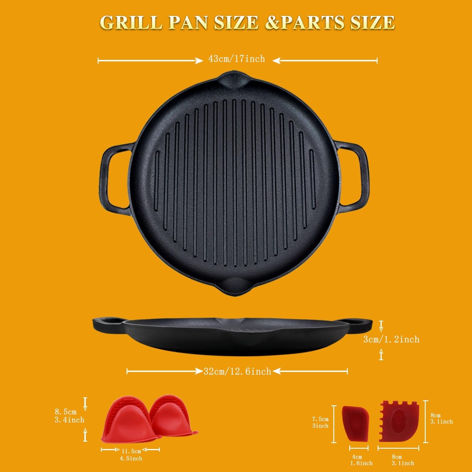 Best Cast Iron Grill Pan, 12.6 inch Griddle Pan with Dual Handles, Pre-Seasoned