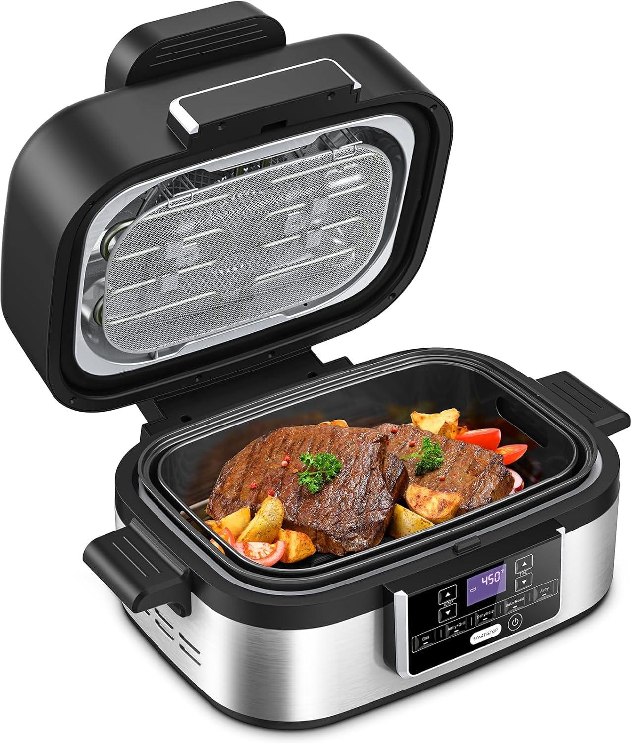 Indoor Grill with Air Fry, 5-IN-1 Electric Smart Air Fryer Grill Combo, Stainles