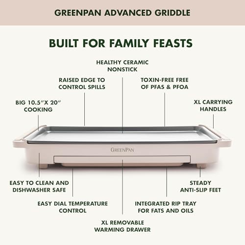 GreenPan 10.5 x 20 Electric Griddle Healthy Ceramic Nonstick Countertop Cooking