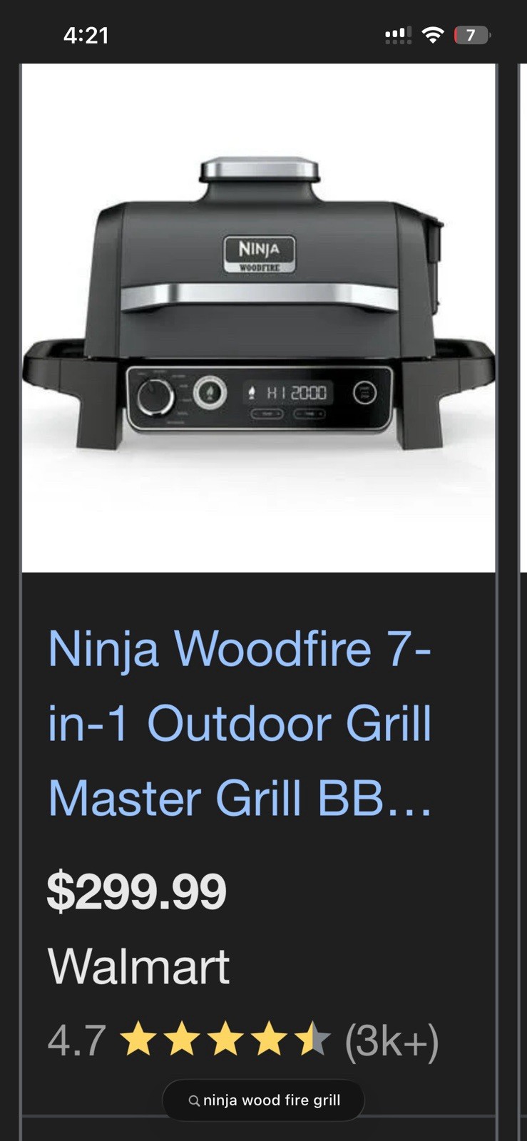 Ninja Woodfire 7-in-1 Electric Grill Master, Portable, 1500W, Black, Timer