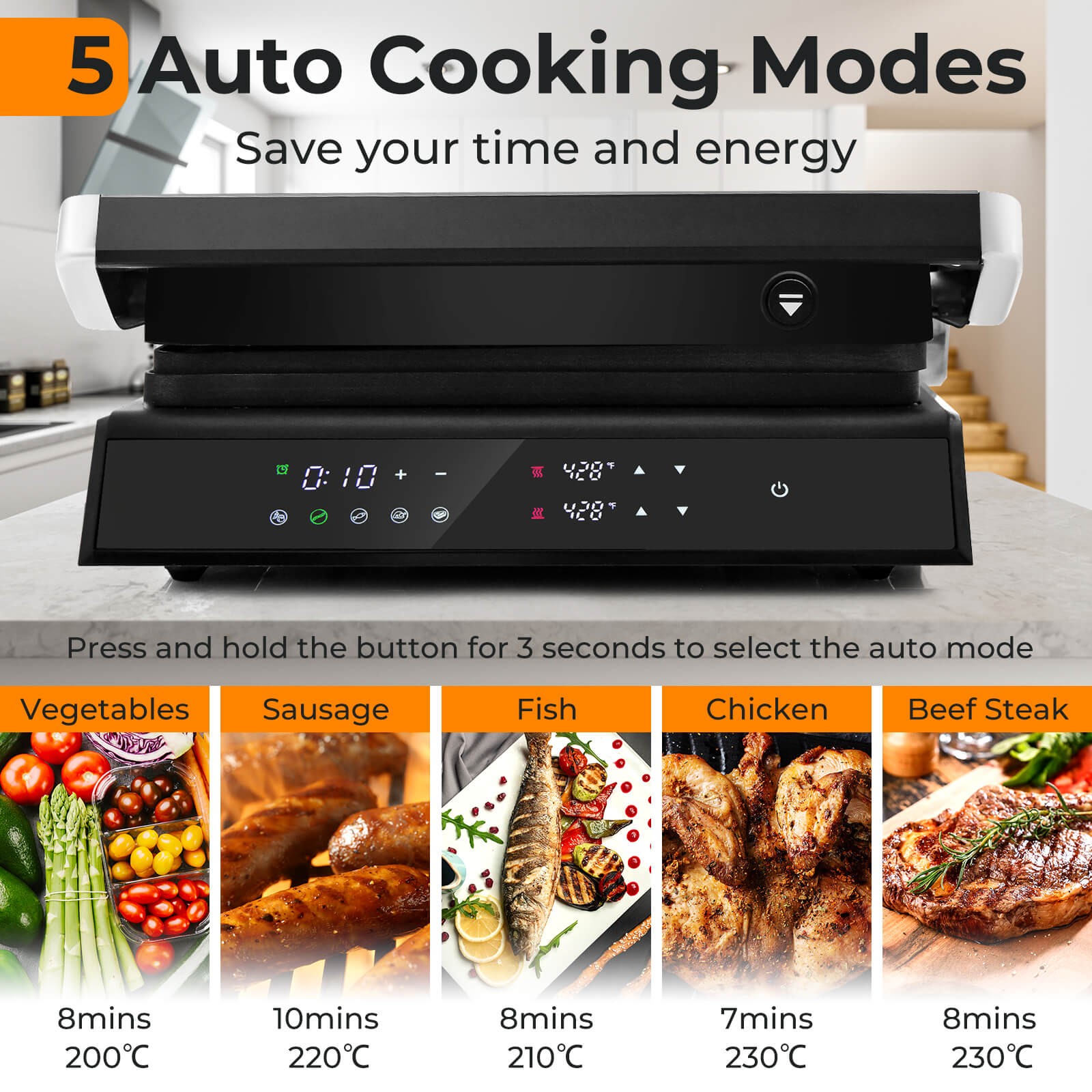 Electric Panini Press Grill Sandwich Maker w/ LED Display & Removable Drip Tray