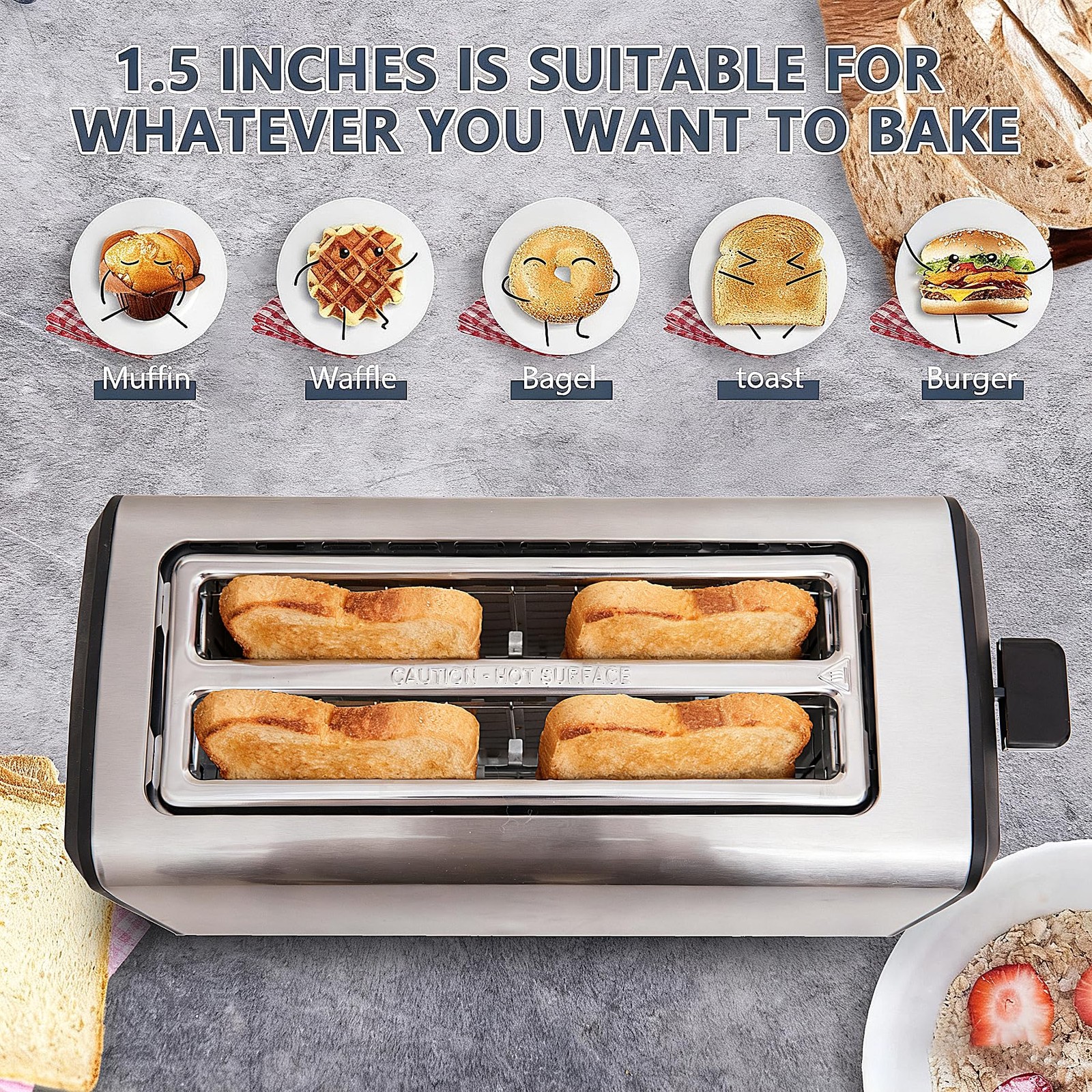 4 Slice Long Slot Stainless Steel Toaster with large, 4 pieces regular style