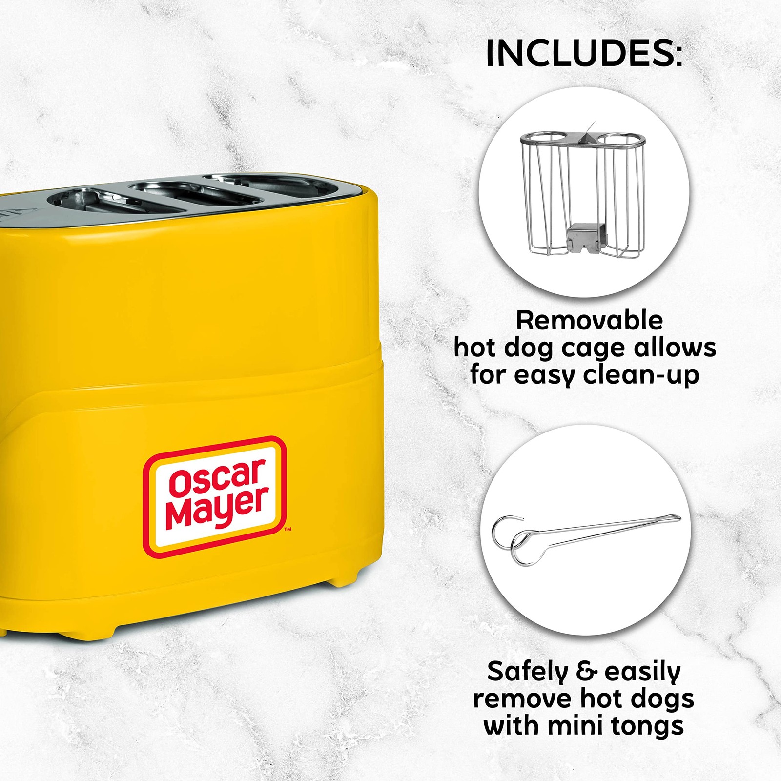 Oscar Mayer 2 Slot Hot Dog and Bun Toaster with Mini Tongs, 2 Slots, Yellow