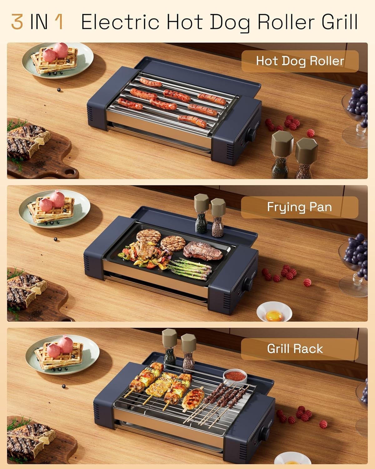 3-in-1 Hot Dog Roller Grill Machine W/ Nonstick Plate & Grill Rack 800W Compact