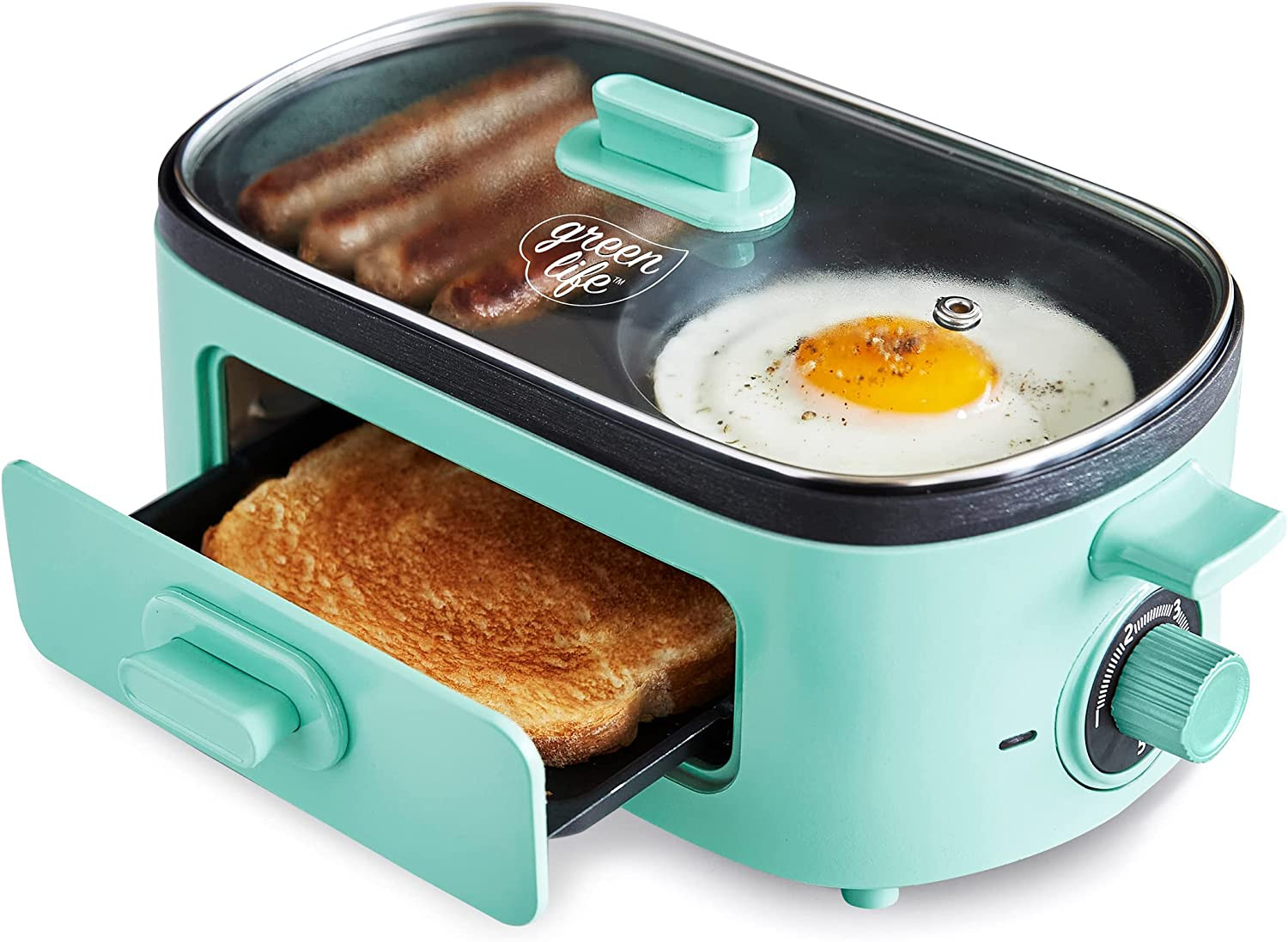 3-In-1 Breakfast Station Dual Griddles for Eggs Meat Etc 2-Slice Toast Drawer