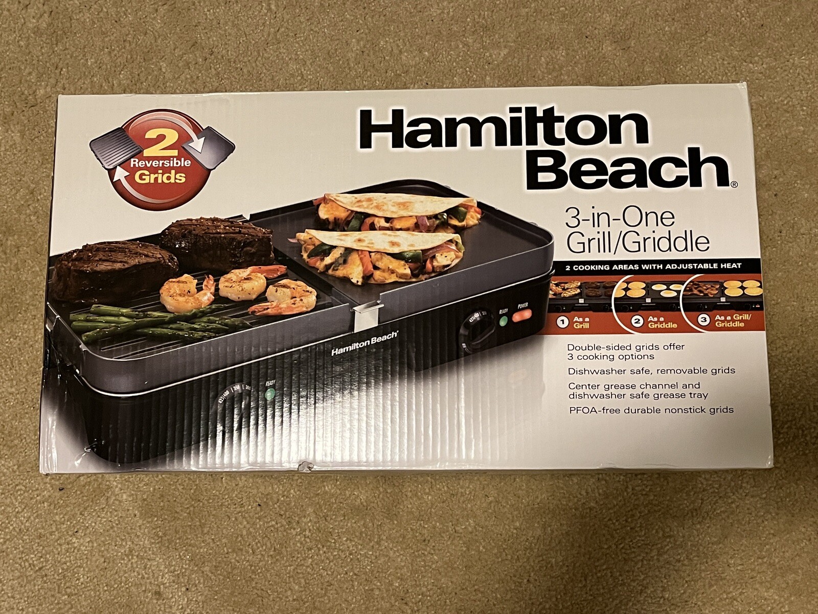 NEW!!! HAMILTON BAECH 3-IN-1 GRILL & GRIDDLE ELECTRIC INDOOR [38546] SEALED!