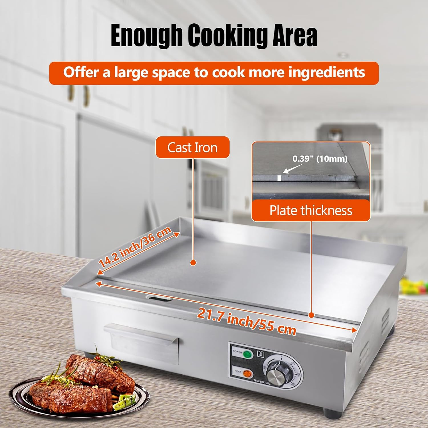 22″ Electric Griddle – Non-Stick Stainless Steel, Adjustable Temp, 1600W