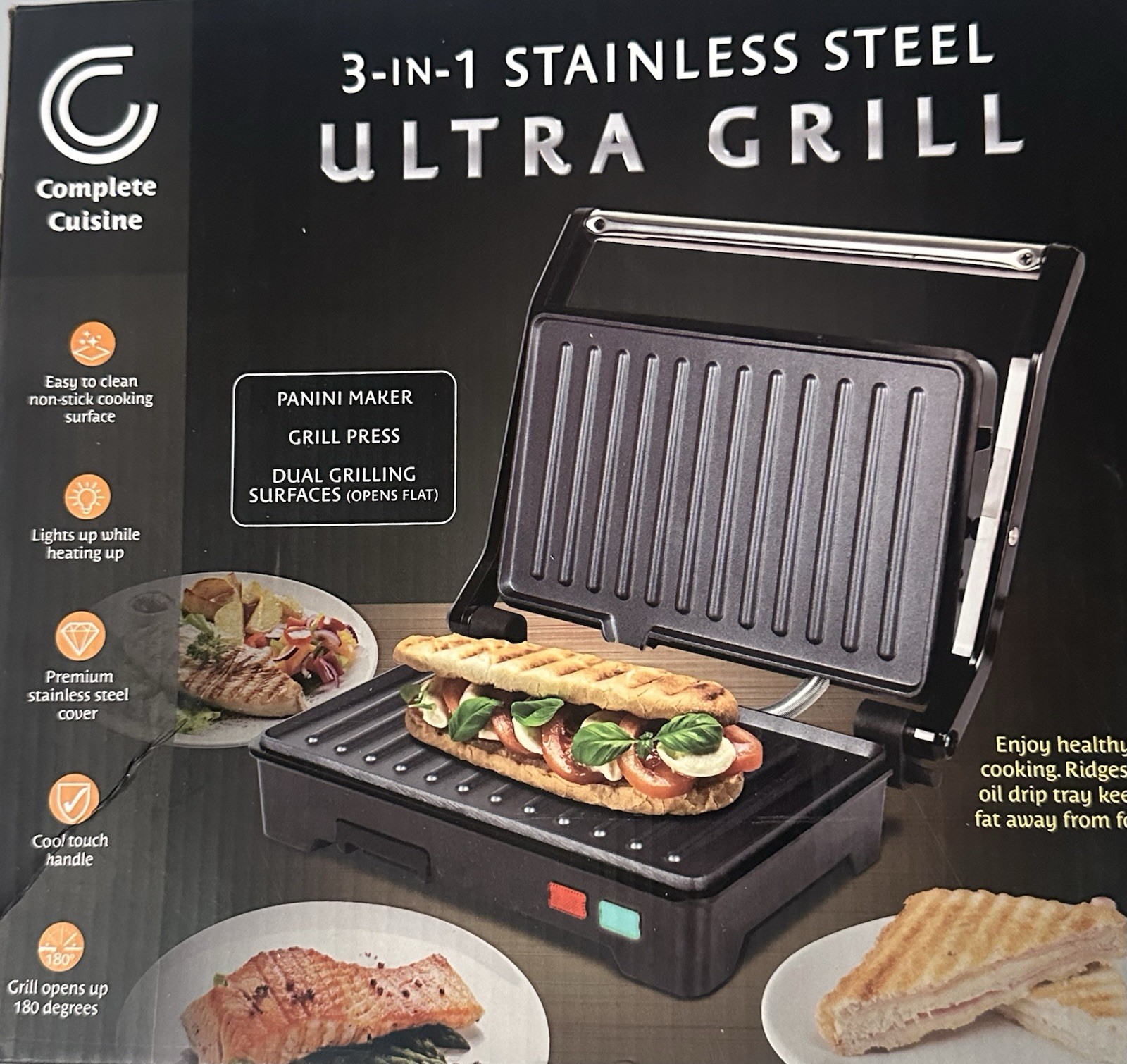 3 in 1 Stainless steel ultra grill. Easy to clean. Non-stick cooking surface.