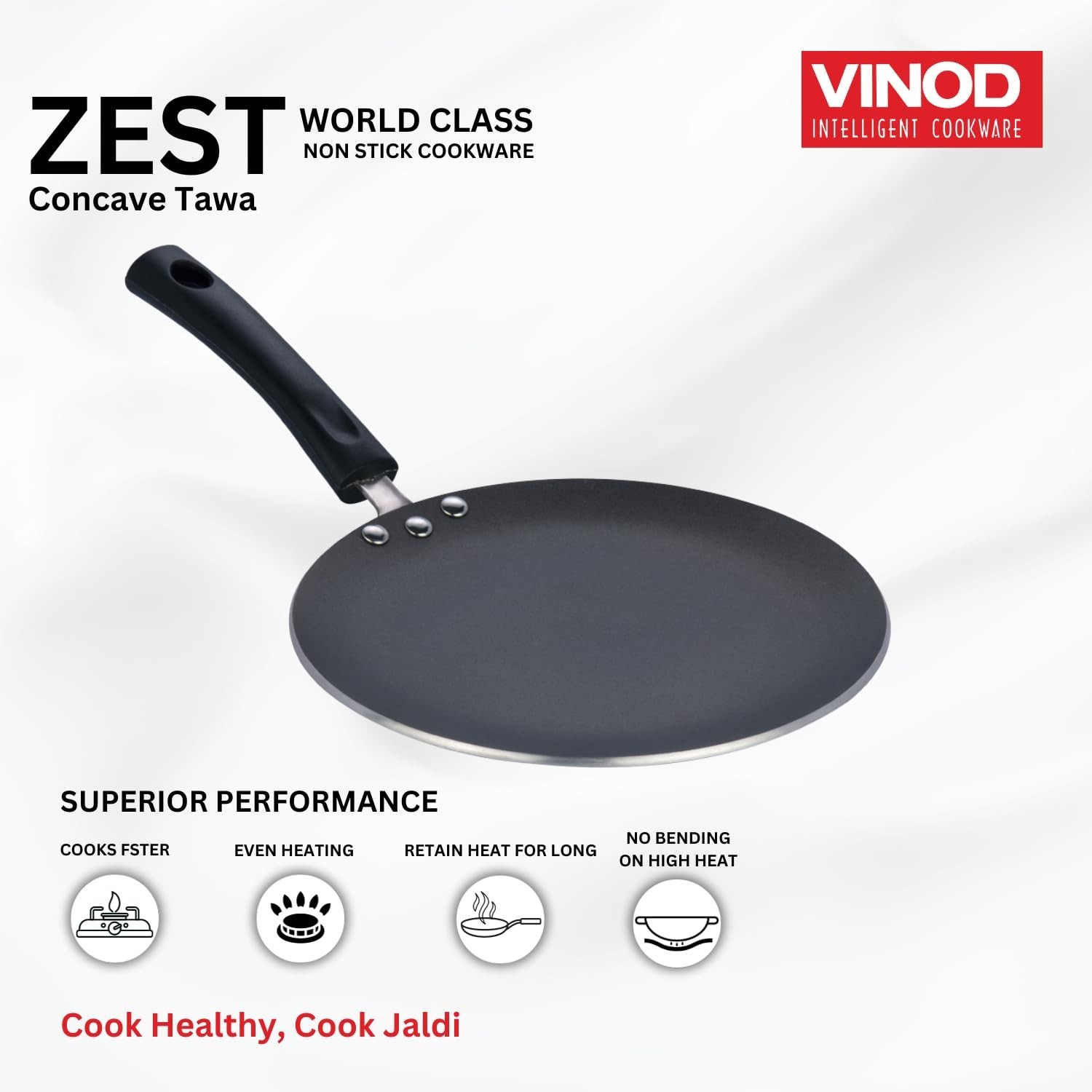 Vinod Zest 26.5cm Nonstick Concave Tawa, Induction & Gas, PFOA-Free Red