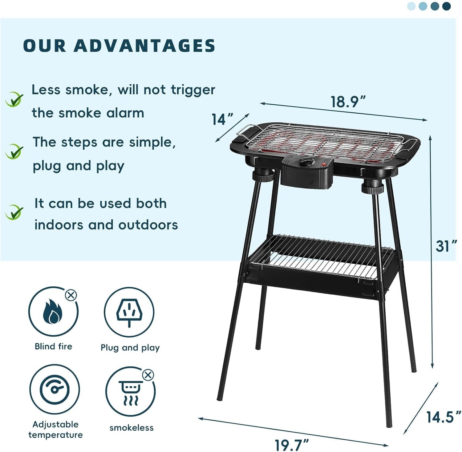 Electric Grill Outdoor Indoor Smokeless BBQ Portable Grill with Removable Stand