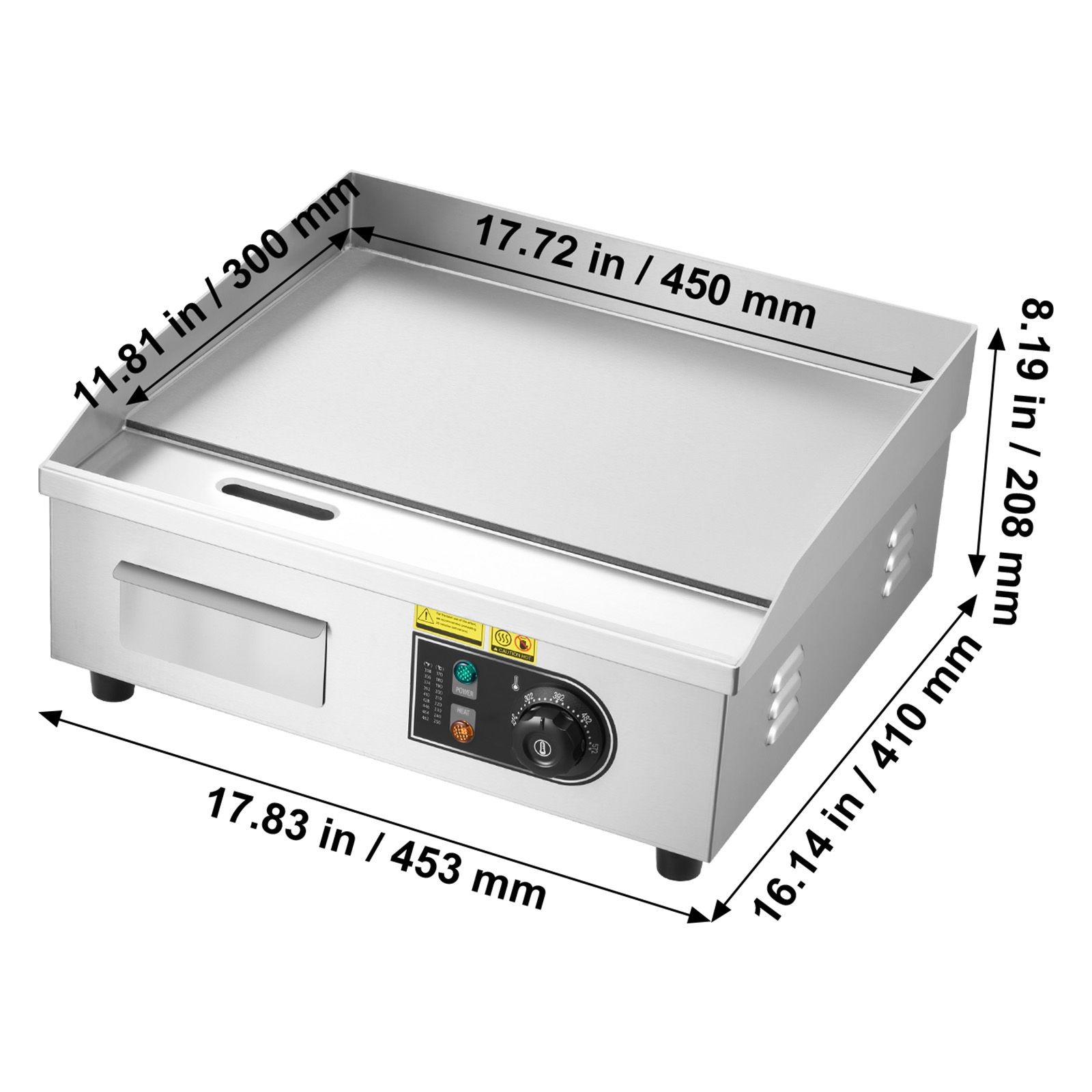 Commercial Electric Griddle, 17.7 x 11.8 in, 1750W, Adjustable Temp, Stainless