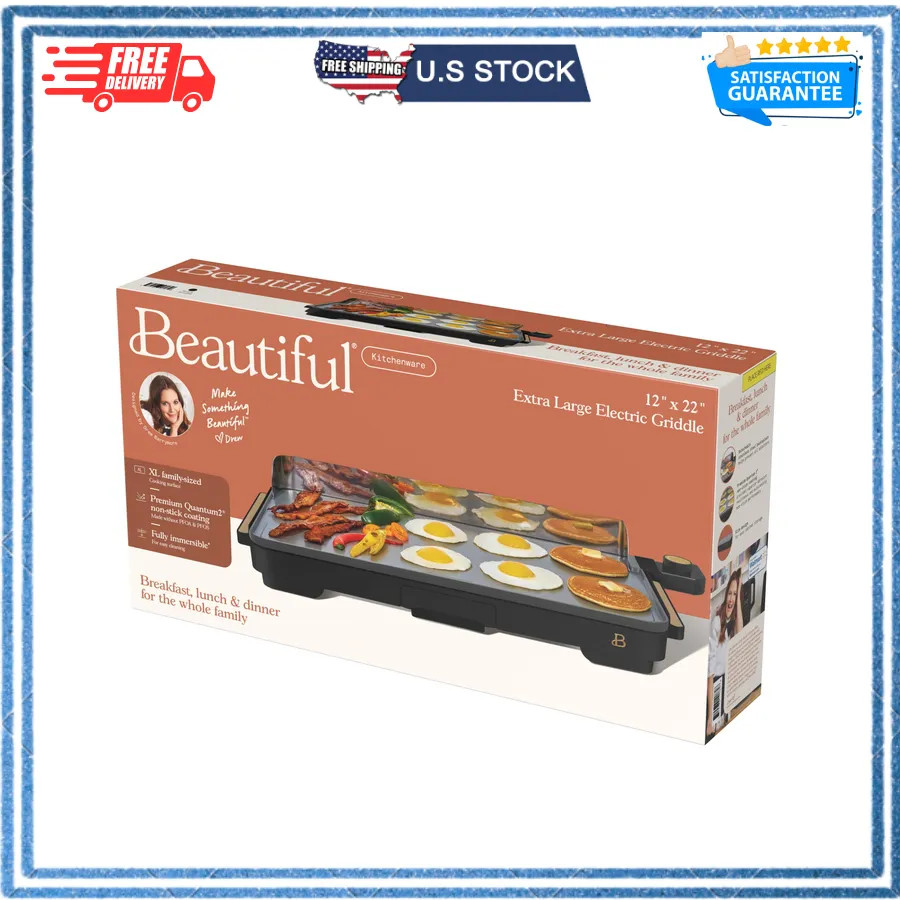 Beautiful Drew Barrymore XL Electric Griddle 12 x 22 Nonstick Black Sesame