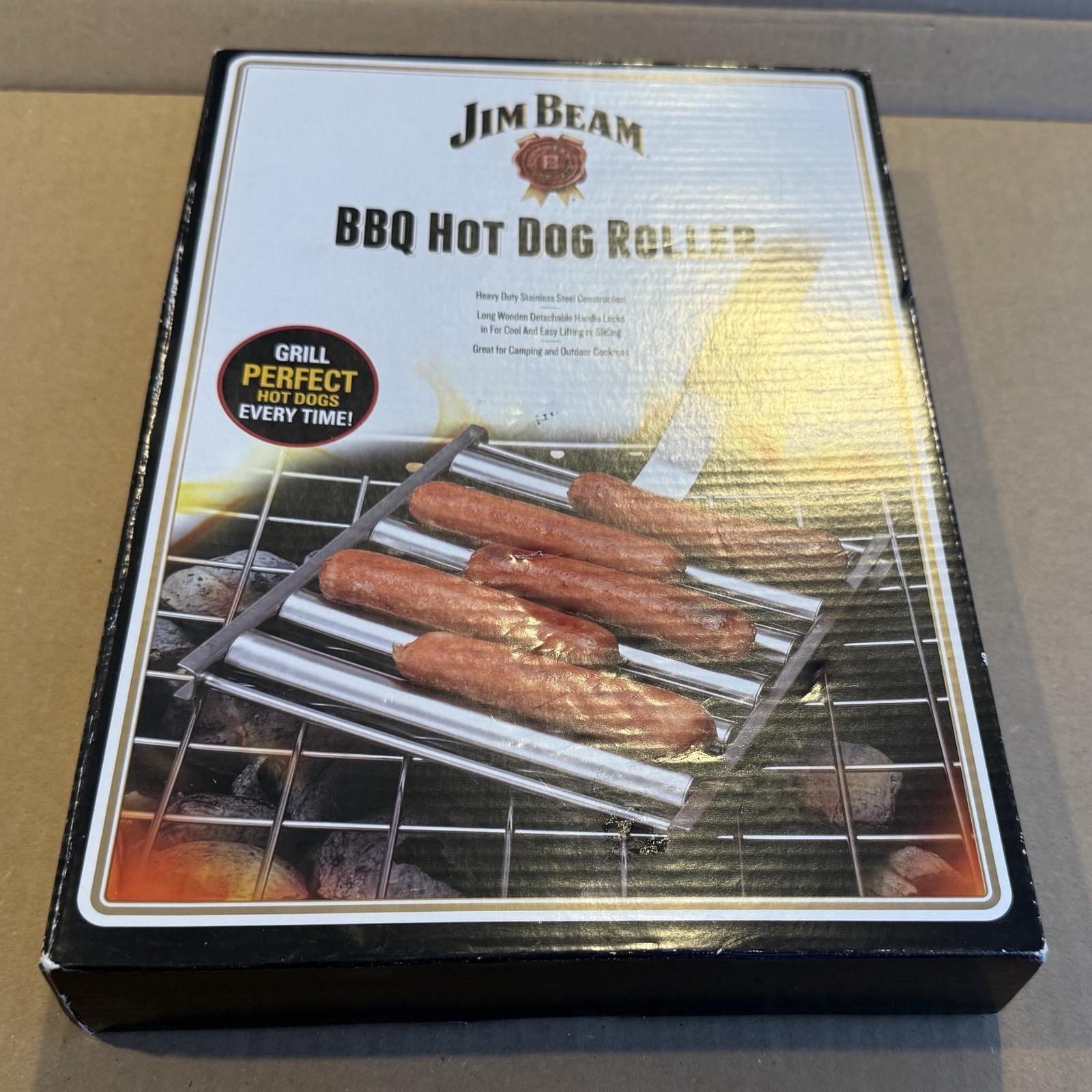 Jim Beam BBQ Hot Dog Roller * Heavy Duty Stainless Steel w/ Wood Handle * NEW