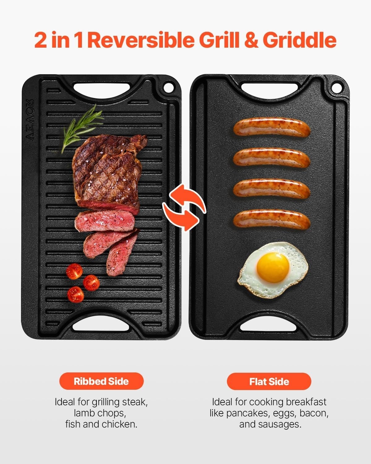 Reversible Grill/Griddle, 14×8.5 inch Pre-Seasoned Cast Iron Griddle, Portable..