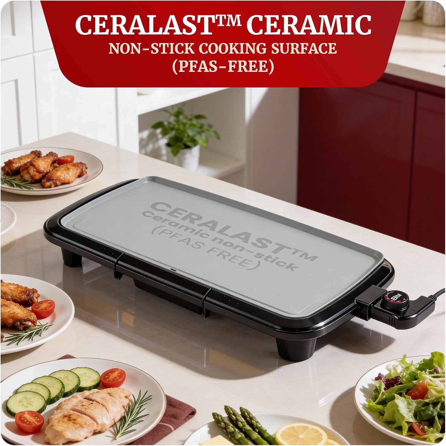 Electric Griddle Ceralast Non-Stick 10″x20″ Black/Grey | PFAS-Free Ceramic