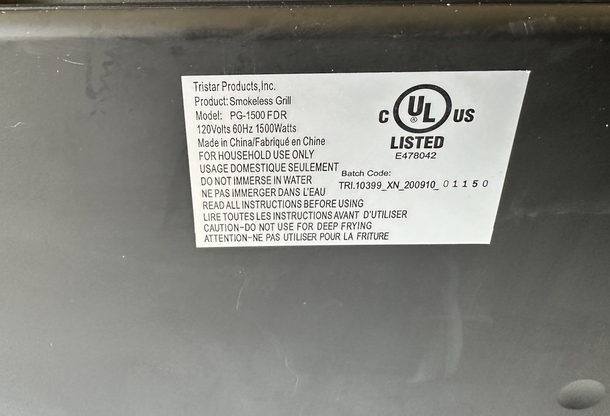 POWER XL SMOKELESS INDOOR GRILL MAIN BASE REPLACEMENT TRISTAR PG-1500FDR