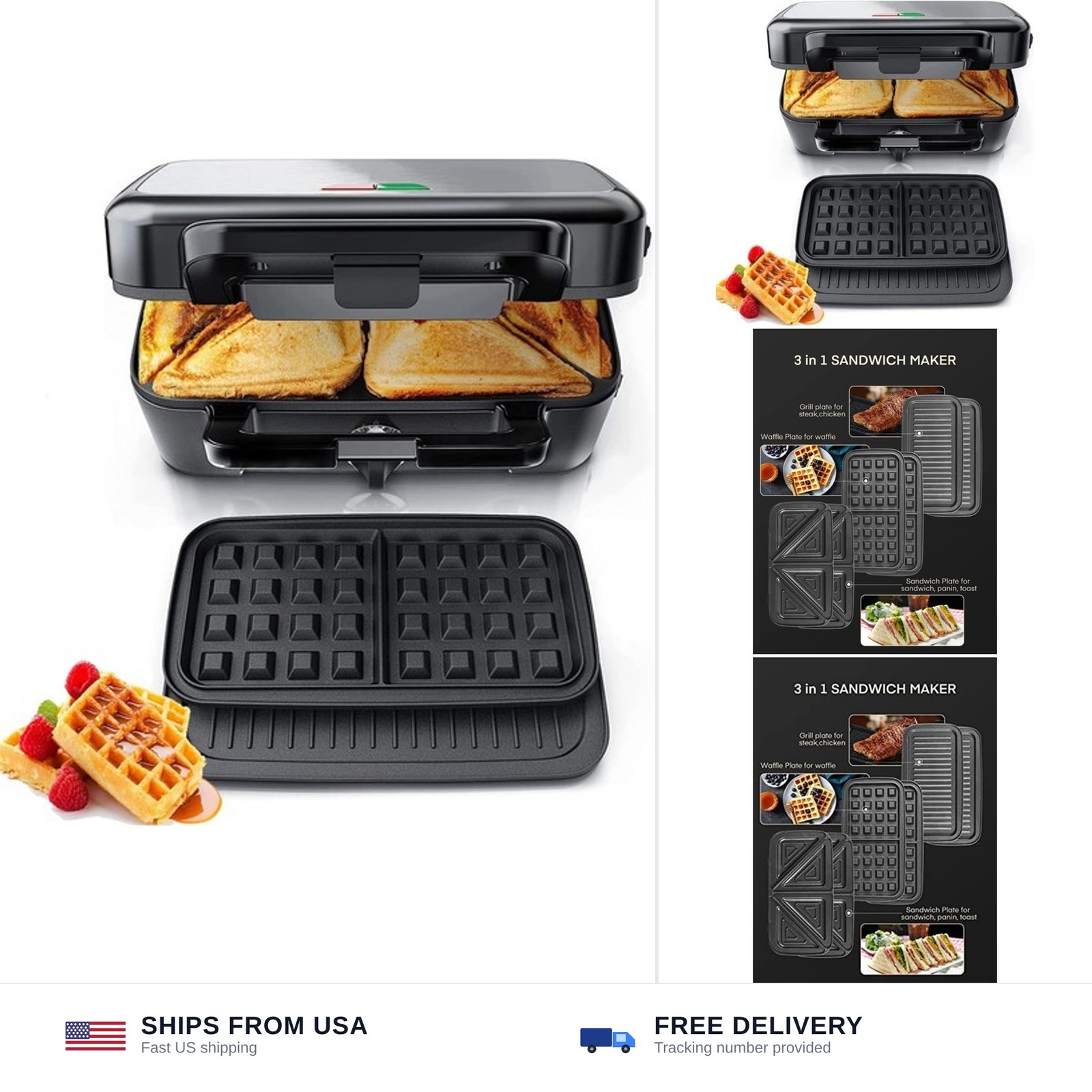 FOHERE Waffle Maker 3 in 1 with Removable Non-Stick Plates, 1200W | Sandwich …