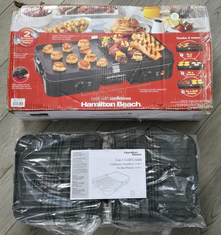 Hamilton Beach 3-in-1 Electric Indoor Grill + Griddle Reversible Nonstick #38546
