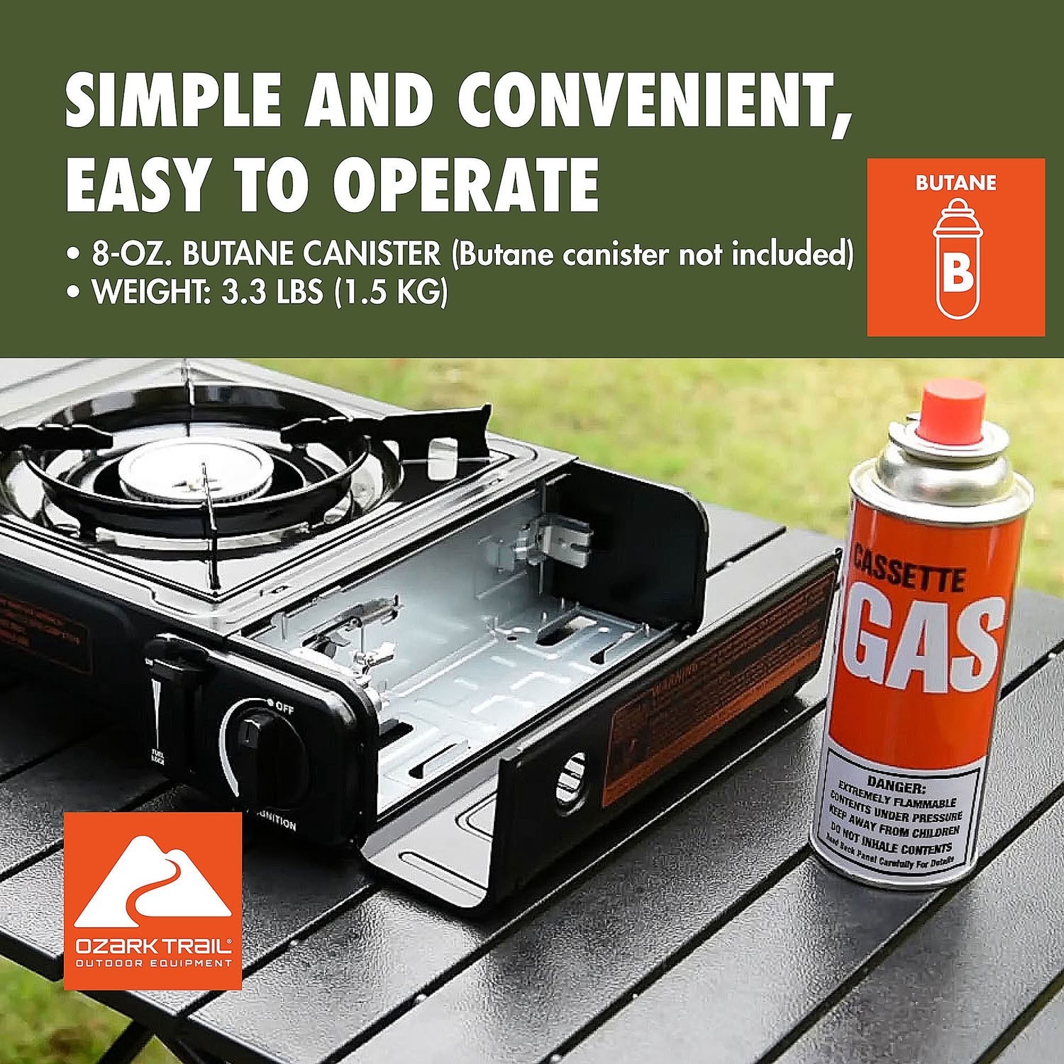 Ozark Trail 2-in-1 Butane Griddle Black 7650 BTU Outdoor Camping Stove Box