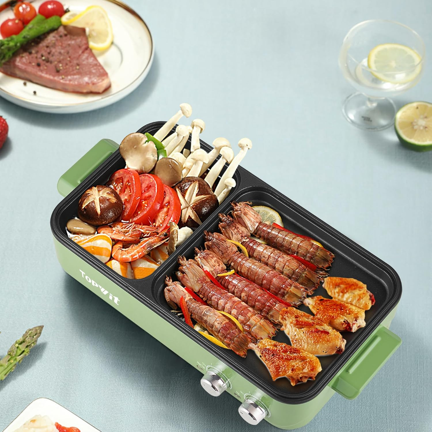 Hot Pot Electric with Grill, 2 in 1 Indoor Non-Stick Electric Pot and Griddle fo