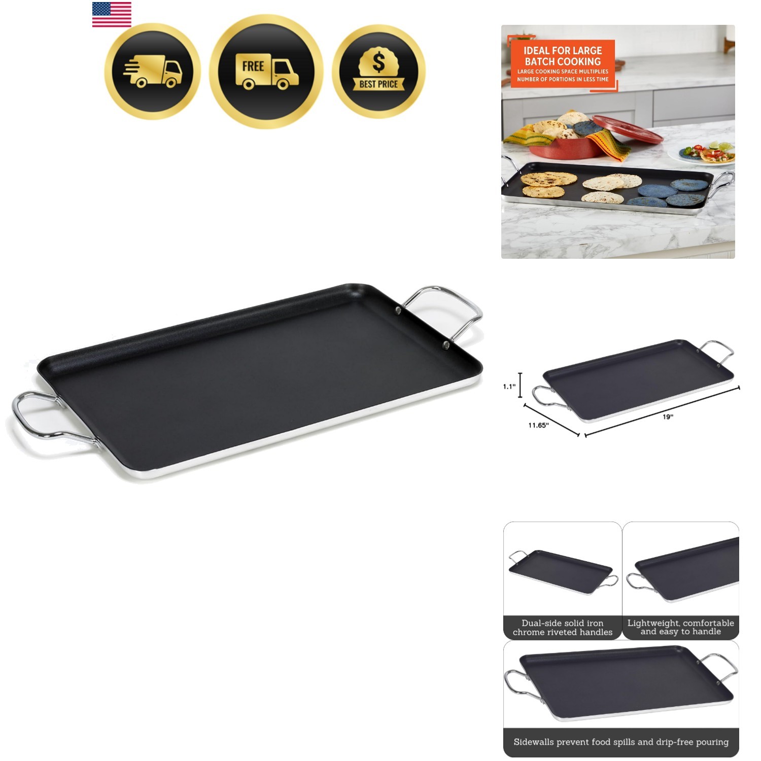 Double Burner Griddle Non-Stick Cooking Surface 20 Inch Black