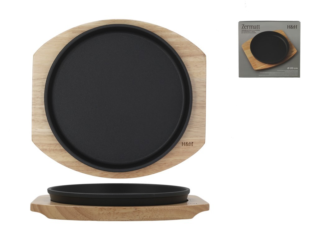 H&H Cast Iron Serving Plate With Light Wood Base, Round, 20 cm