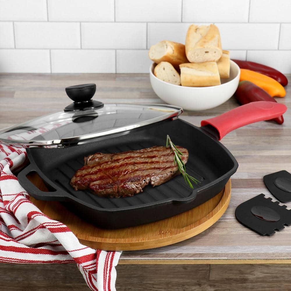 MegaChef Griddle 10.4″ Pre-Seasoned Cast Iron Square Glass Lid Silicone Handle