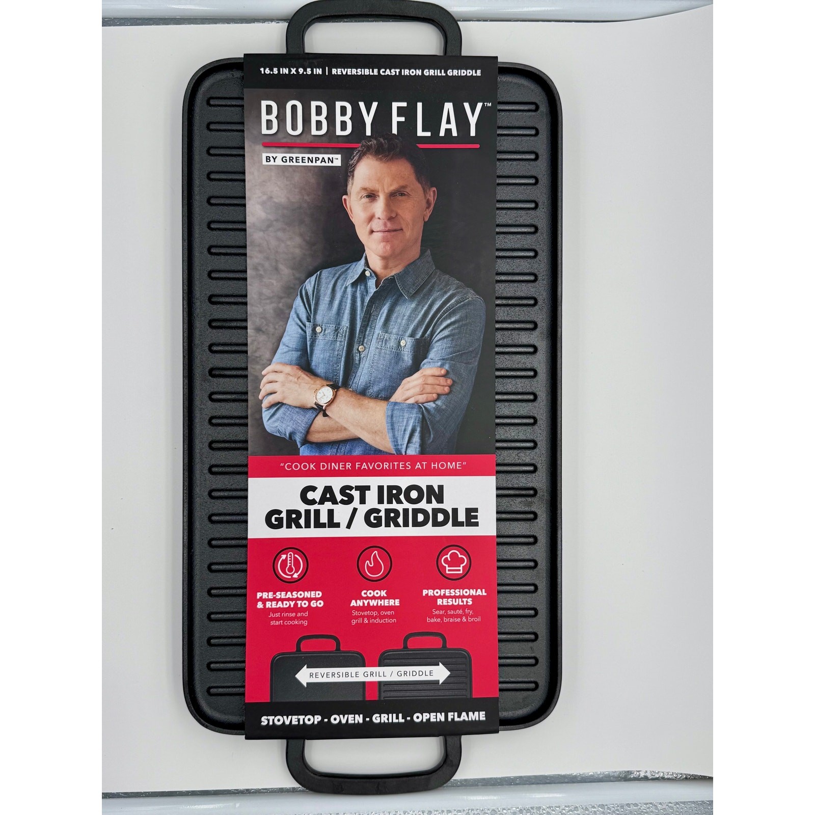 GreenPan Bobby Flay Reversible Cast Iron Grill Griddle 16.5×9.5 CC008683-001 New