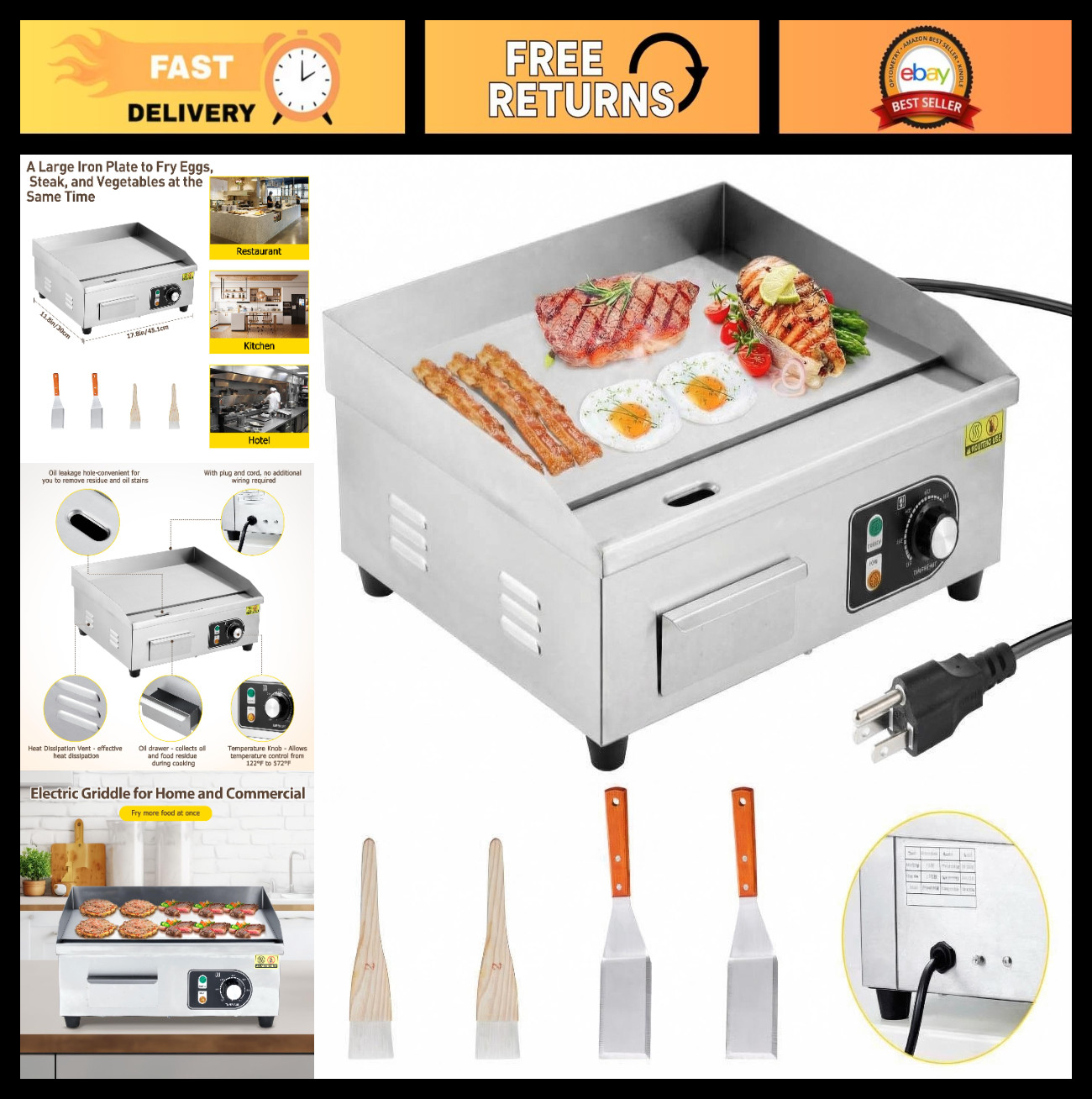 1500W 18″ Stainless Steel Electric Griddle, Adjustable Thermostat, Indoor/Outdoo
