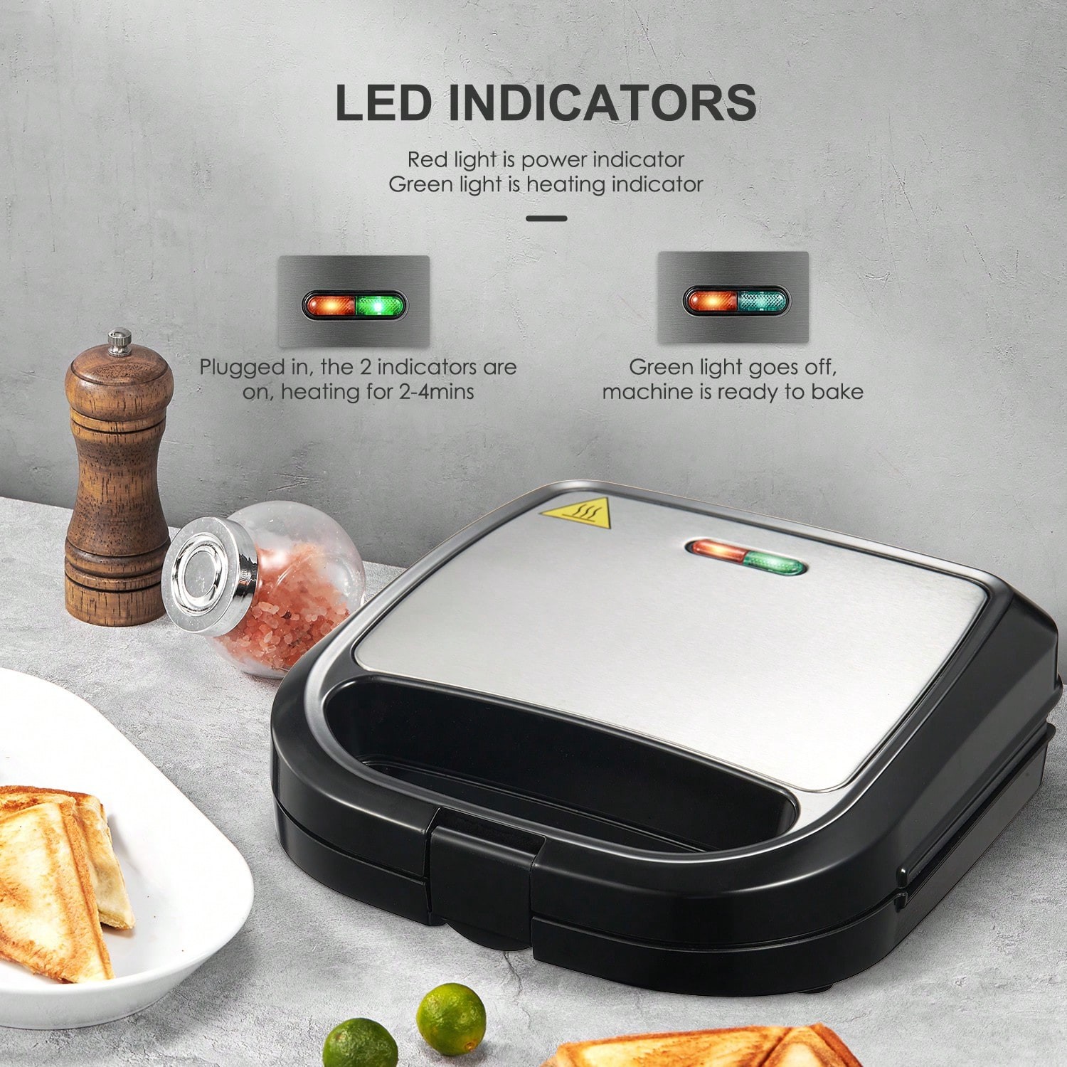 Electric Sandwich Maker & Panini Grill, Fast Heating with Indicator Lights