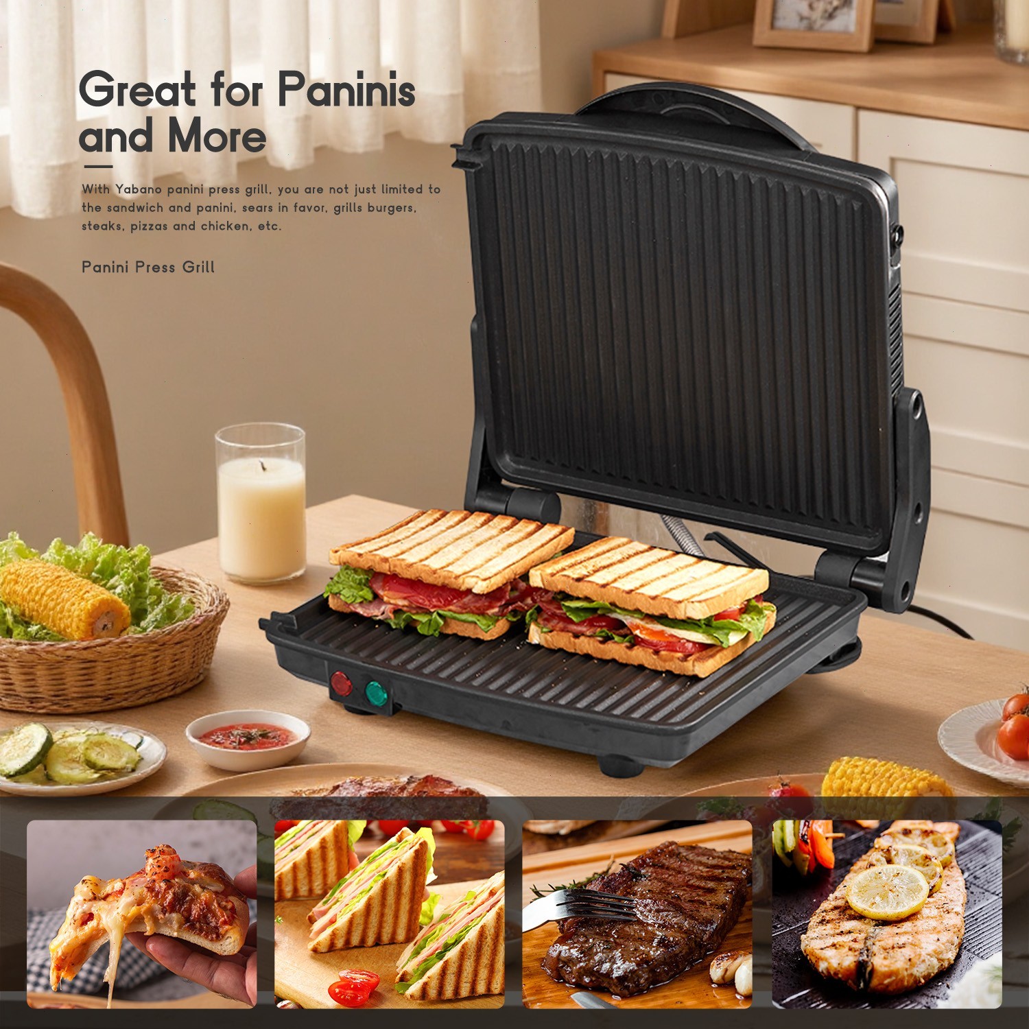 4 Slice Panini Press, Non-Stick Plates, 11″x9.8″, 180° Adjustable, Drip Tray