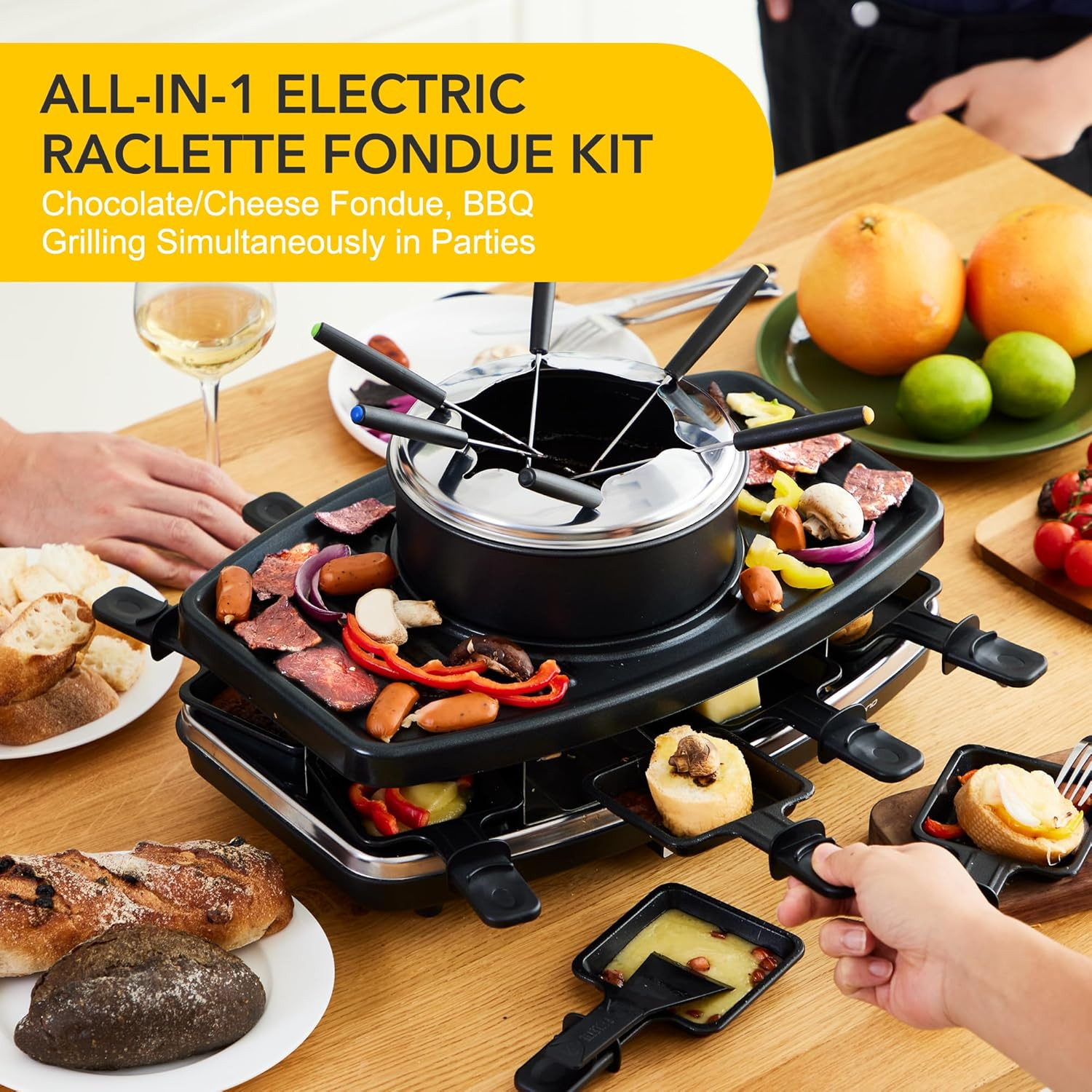 Electric Raclette BBQ Grill & Fondue Set for 8 – Perfect for Parties!