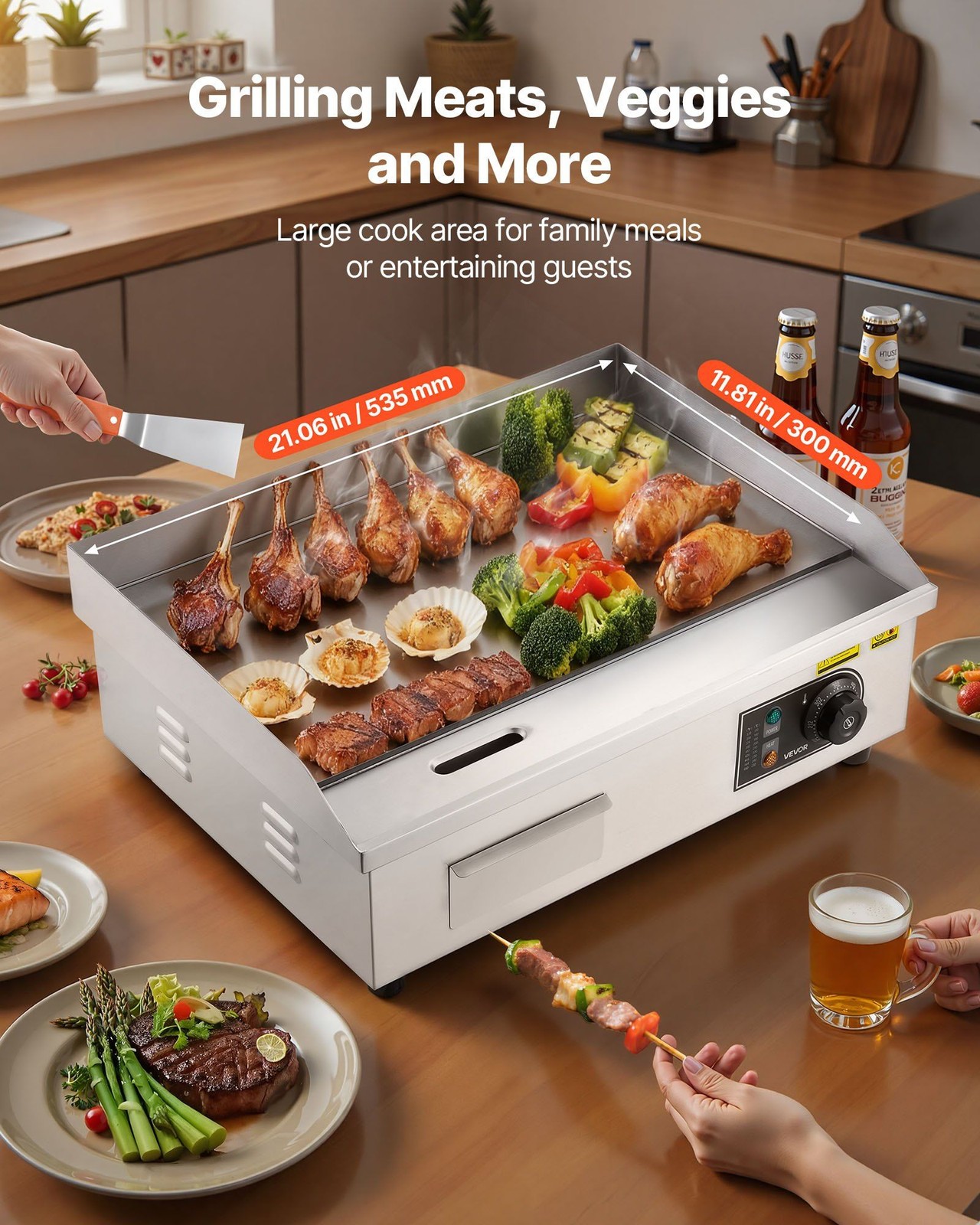 21.06×11.81in 3200W Griddle, Stainless Body, 8mm Iron Plate, 122-570°F