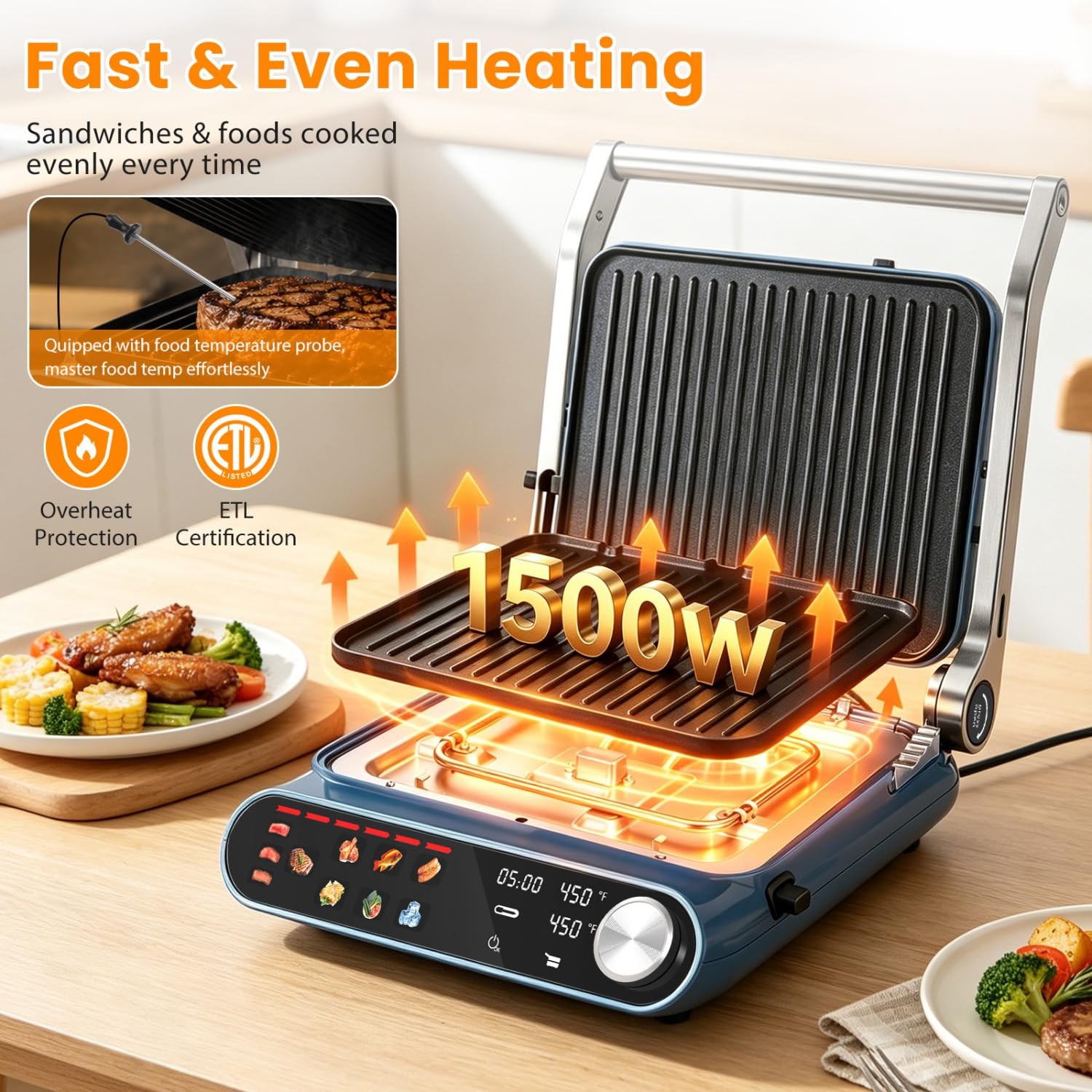 7-in-1 Panini Press Sandwich Maker, 1500W Electric Indoor Grill with LED Touc…