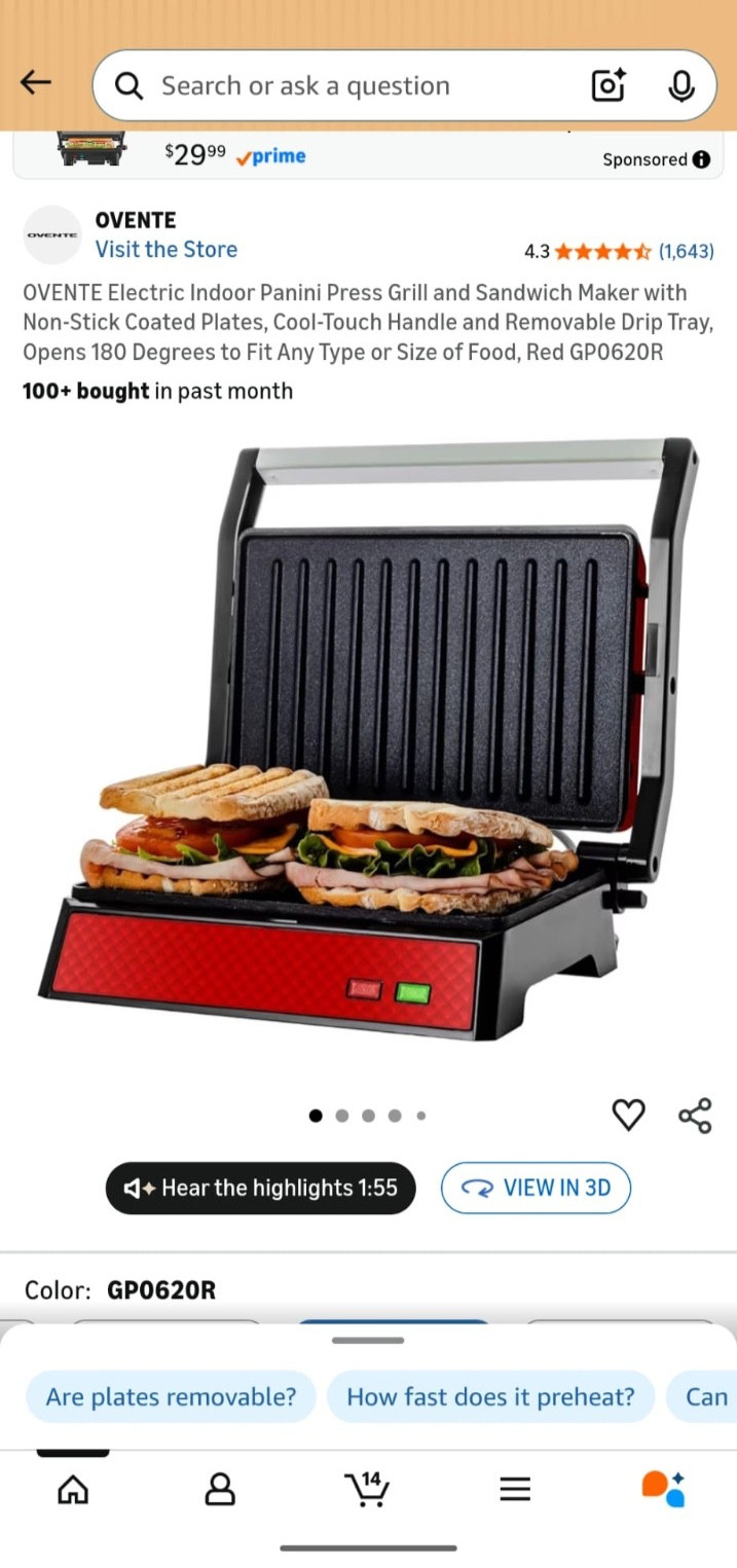 GP0620R Electric Panini Press Grill Sandwich Maker — BRAND NEW, Red